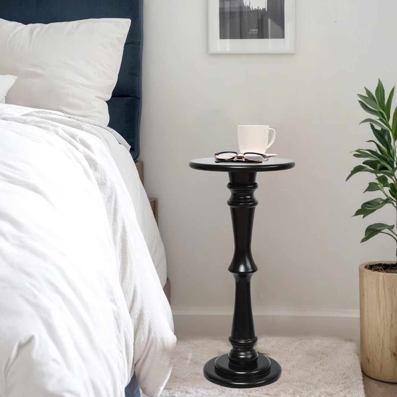 SwallowLiving Solid Wood Side Table - 12" Round Pedestal Drink Table for Small Spaces - Modern Black End Tables for Sofa Side & Narrow Nightstand - Elegant Tall Plant Stand & Accent Tables - 25" H