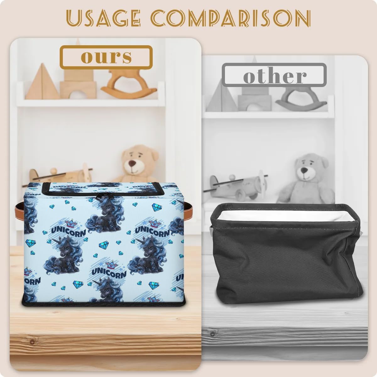 Unicorns Storage Bins with Lids, Collapsible Cube Storage Basket with Leather Handle, Foldable Fabric Storage Box with Lids for Organizing Home Bedroom Closet Office