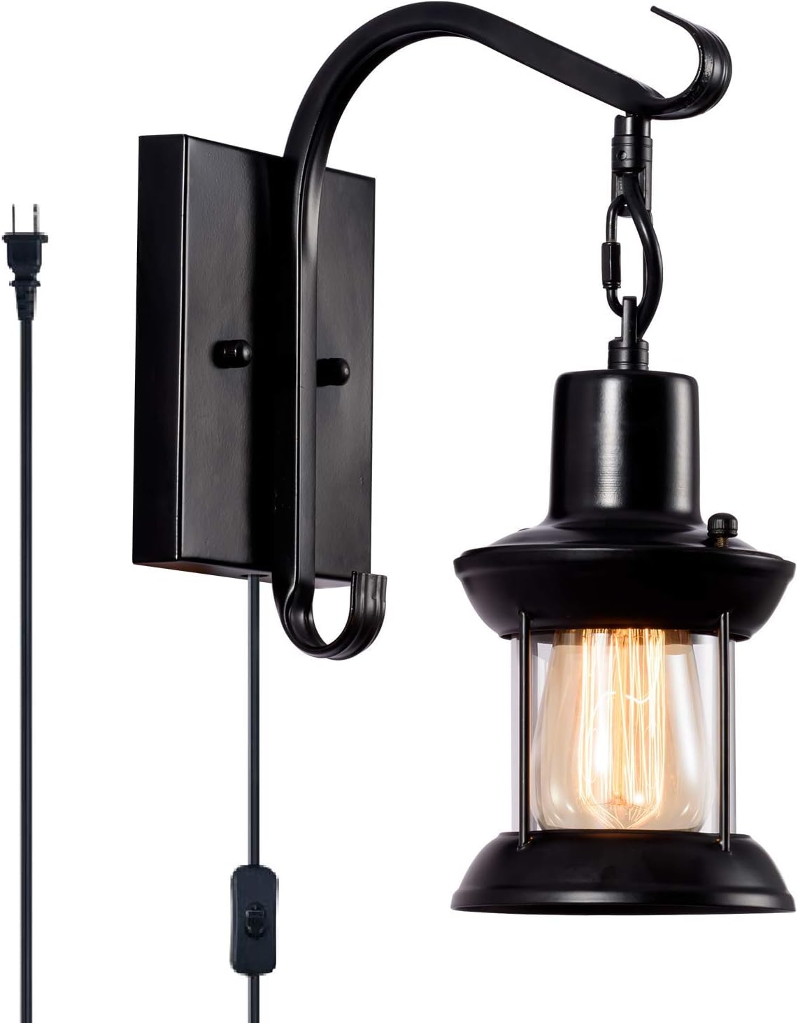 Vintage Wall Light Modern Black, Glass Shade Industrial Wall Sconce Plug in Lighting Fixture with 6.6FT Cord for Indoor Home Décor Headboard Rustic Retro Style (Black)