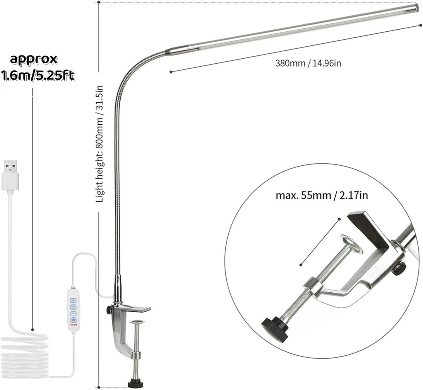 Desk Lamp with Clamp, 3 Modes 10 Brightness 360° Rotation Eye-Caring Reading Light,8W Long Flexible Gooseneck, Architect Task Lamp, USB Clamp Light for Home Office Manicure Reading