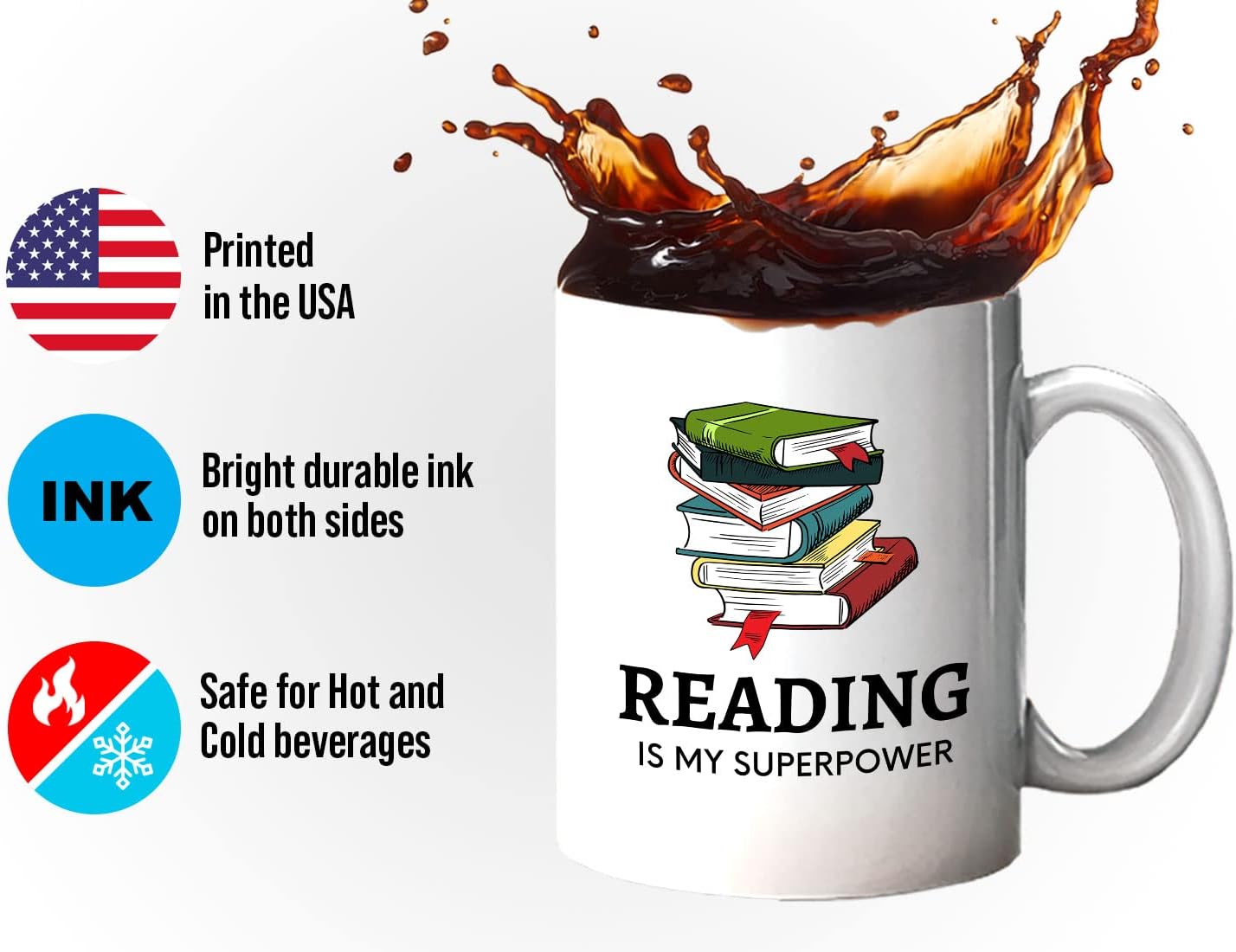 Bubble Hugs Book Lover Coffee Mug 11oz White - Reading Is My Superpower B - Reading Owl Reader Stack of Books Book Lover Bookish Novelist Librarian Writer