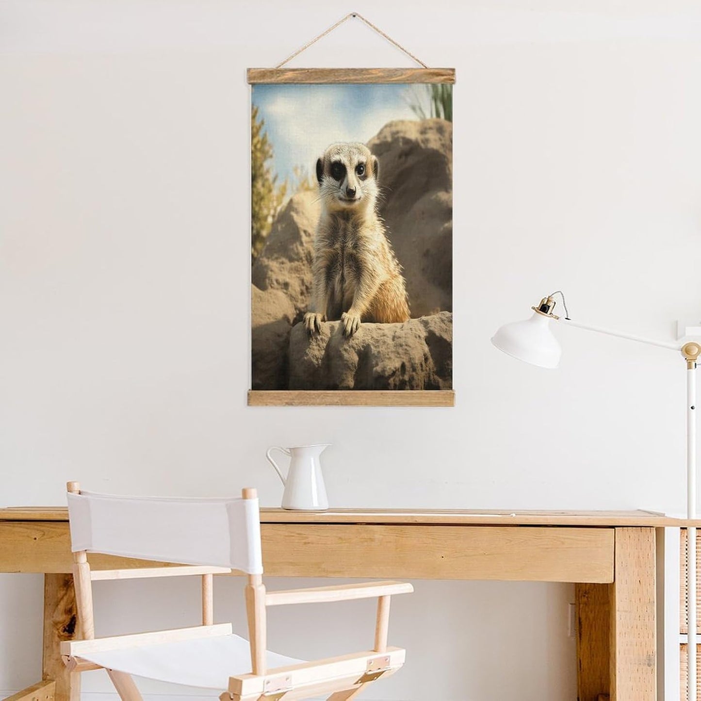 Vintage Meerkat Animal Poster with Wooden Frame Personalized Linen Hanging Scroll Painting Rustic Wall Hanging Illustrative Modern Artwork Decor for Home Living Room Bedroom Office