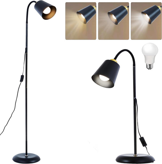 AoMck Floor Reading Lamp, Industrial Standing Lamps for Living Room with Adjustable Bendable, 2 in 1 Reading Table Lamps for Living Room Bedroom Office, 12W LED Bulb Included (Black Poles)