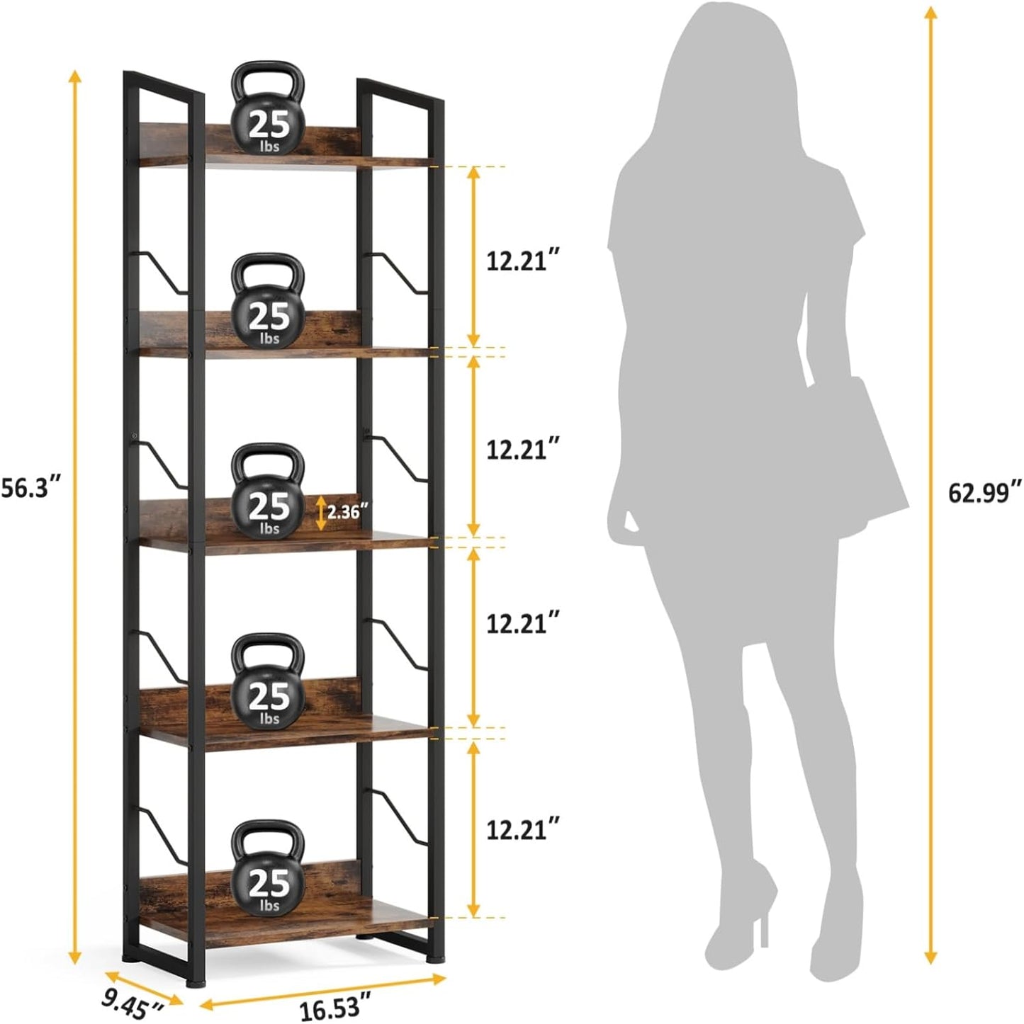 Hosfais 5 Tier Tall Bookshelf: Industrial Wood Book Shelf with Edge Protection Metal Narrow Bookshelf Bookcase Storage Organizer Display Rack for Living Room Home Office (Rustic Brown)