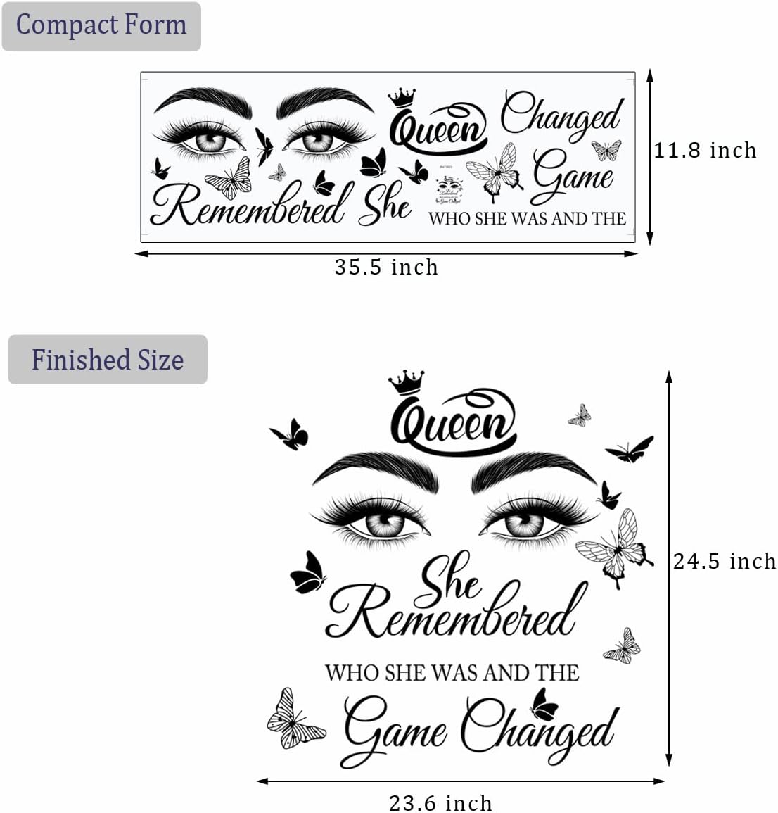 Inspirational Quotes Wall Decals Eyelash Eyes Wall Stickers Positive Lettering Saying Queen She Remembered Who She Was and the Game Changed Wall Art Sticker for Women Girls Bedroom Living Room Decor