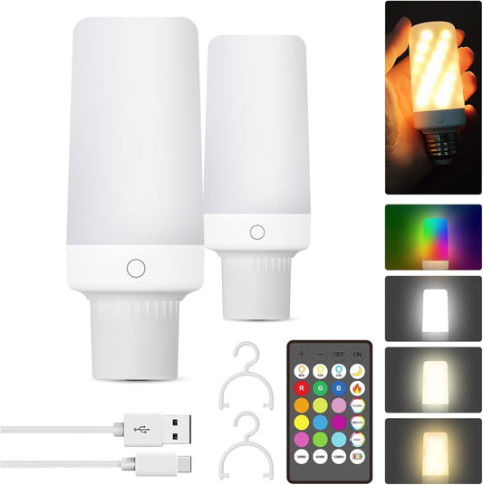 2PK Rechargeable Light Bulbs with Remote and Timer, Emergency Battery Operated Light Bulb for Lamp Sconce, Socket USB, 3 Color Temperatures + 12 RGB Colors Dimmable