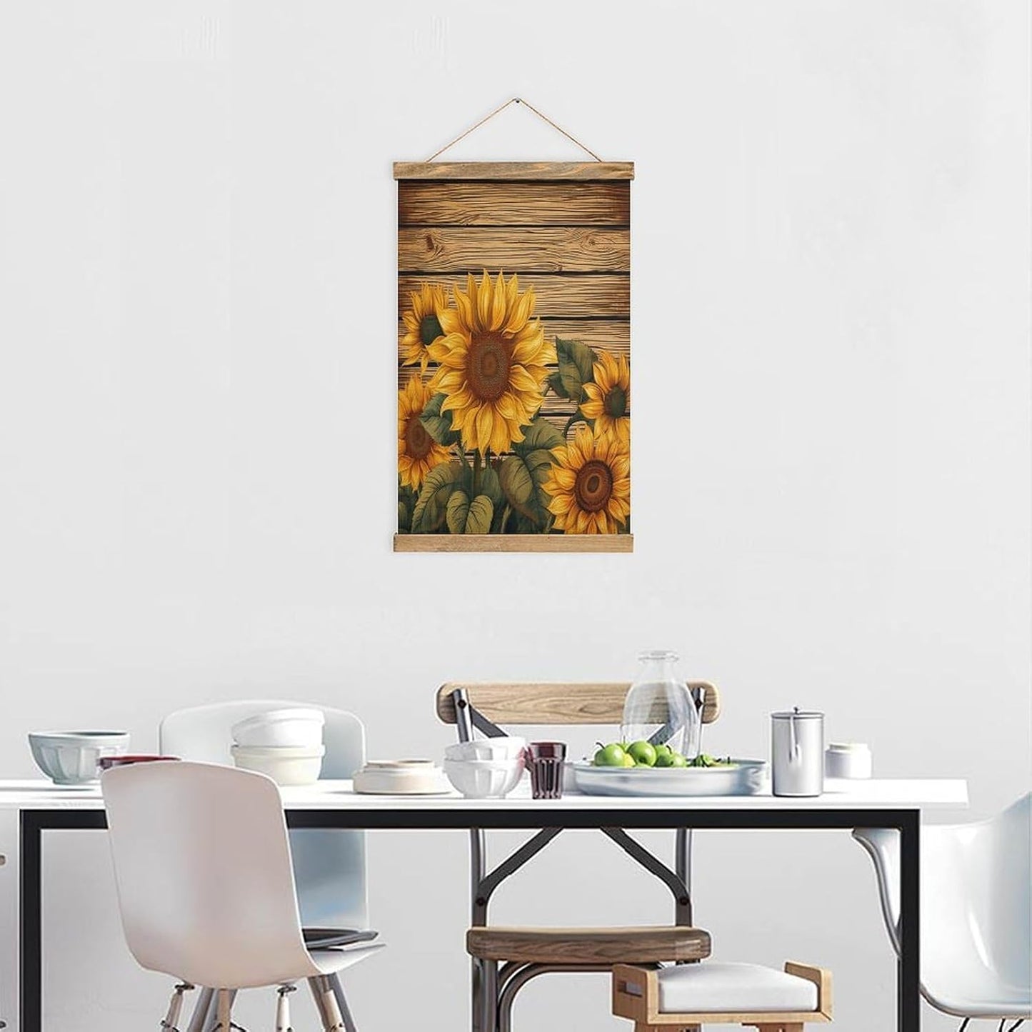 Vintage Paint Wooden Board Sunflower Poster with Wooden Frame Personalized Linen Hanging Scroll Painting Rustic Wall Hanging Illustrative Modern Artwork Decor for Home Living Room Bedroom Office