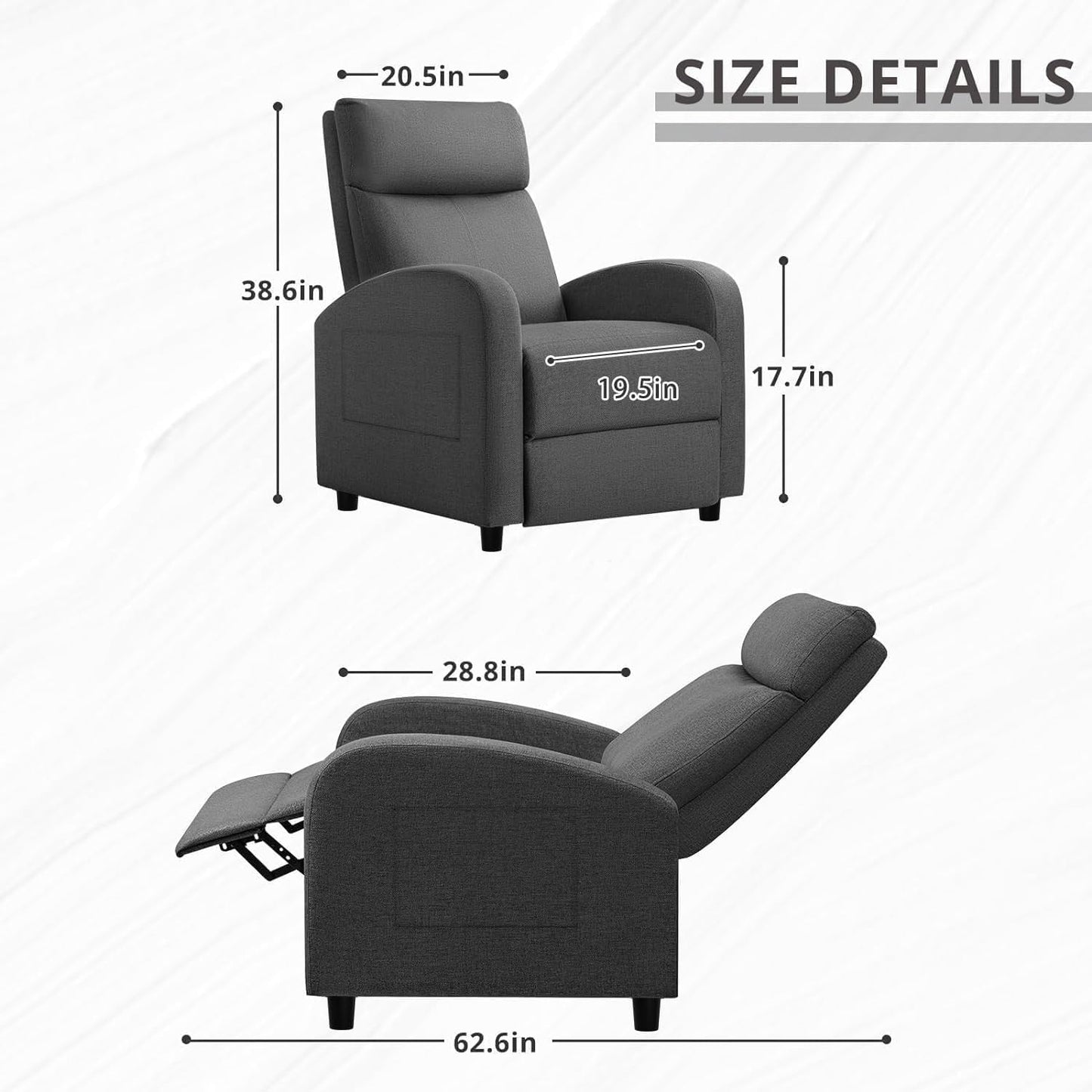 Adjustable Home Theater Single Recliner Chair Sofa Furniture with Thick Seat Cushion and Backrest Modern Living Room Recliners for Bedroom