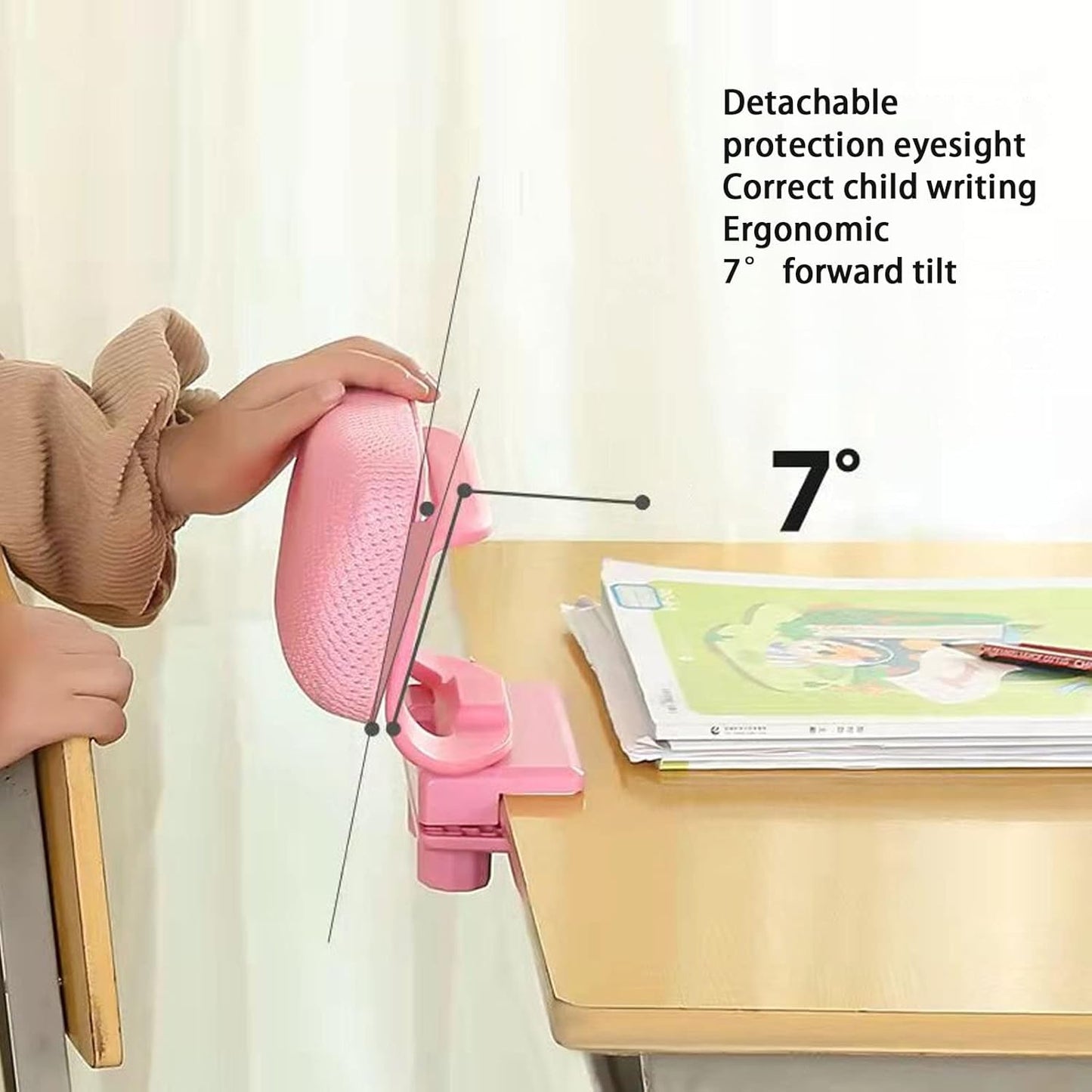Kids Sitting Posture Corrector and Ergonomic 7° Forward Tilt Desk Writing Posture Corrector Detachable Nap Pillow with Holder(Pink)