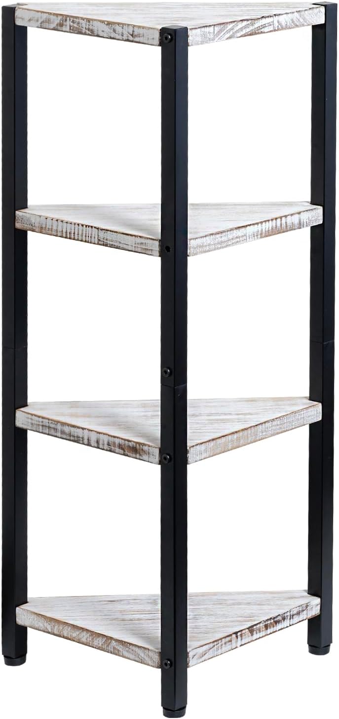 MyGift 4 Tier Corner Shelf Stand, Bathroom Floor Shelf, Decorative Storage for Entryway, Freestanding Bookshelf Display, Shabby White Washed Solid Wood and Matte Black Metal