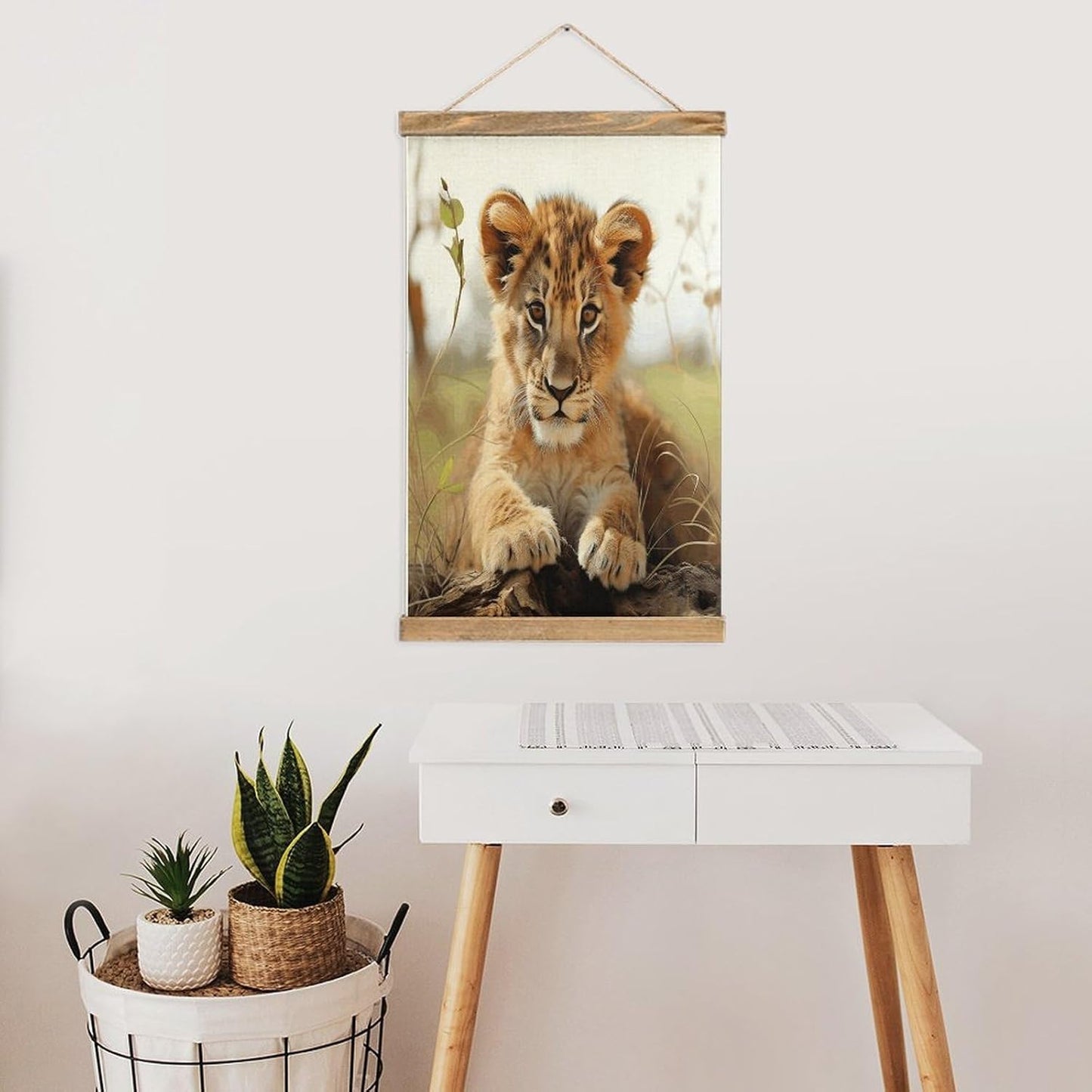 Vintage Cute Little Animal Lion Poster with Wooden Frame Personalized Linen Hanging Scroll Painting Rustic Wall Hanging Illustrative Modern Artwork Decor for Home Living Room Bedroom Office
