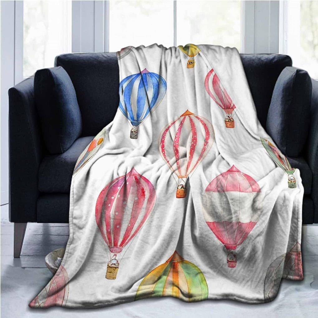 Mugod Balloon Throw Blanket Cute Watercolor Hot Air Balloons Pattern Decorative Soft Warm Cozy Flannel Plush Throws Blankets for Bedding Sofa Couch 50 X 60 Inch
