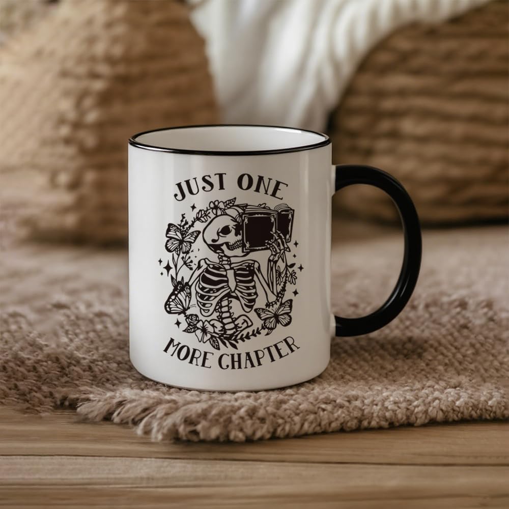Funny Book Mug for Book Lovers - Just One More Chapter Skeleton Reading Gifts for Women Men Librarian Bookish Book Club Bookworms Readers Teacher Booknerd Friends 11oz