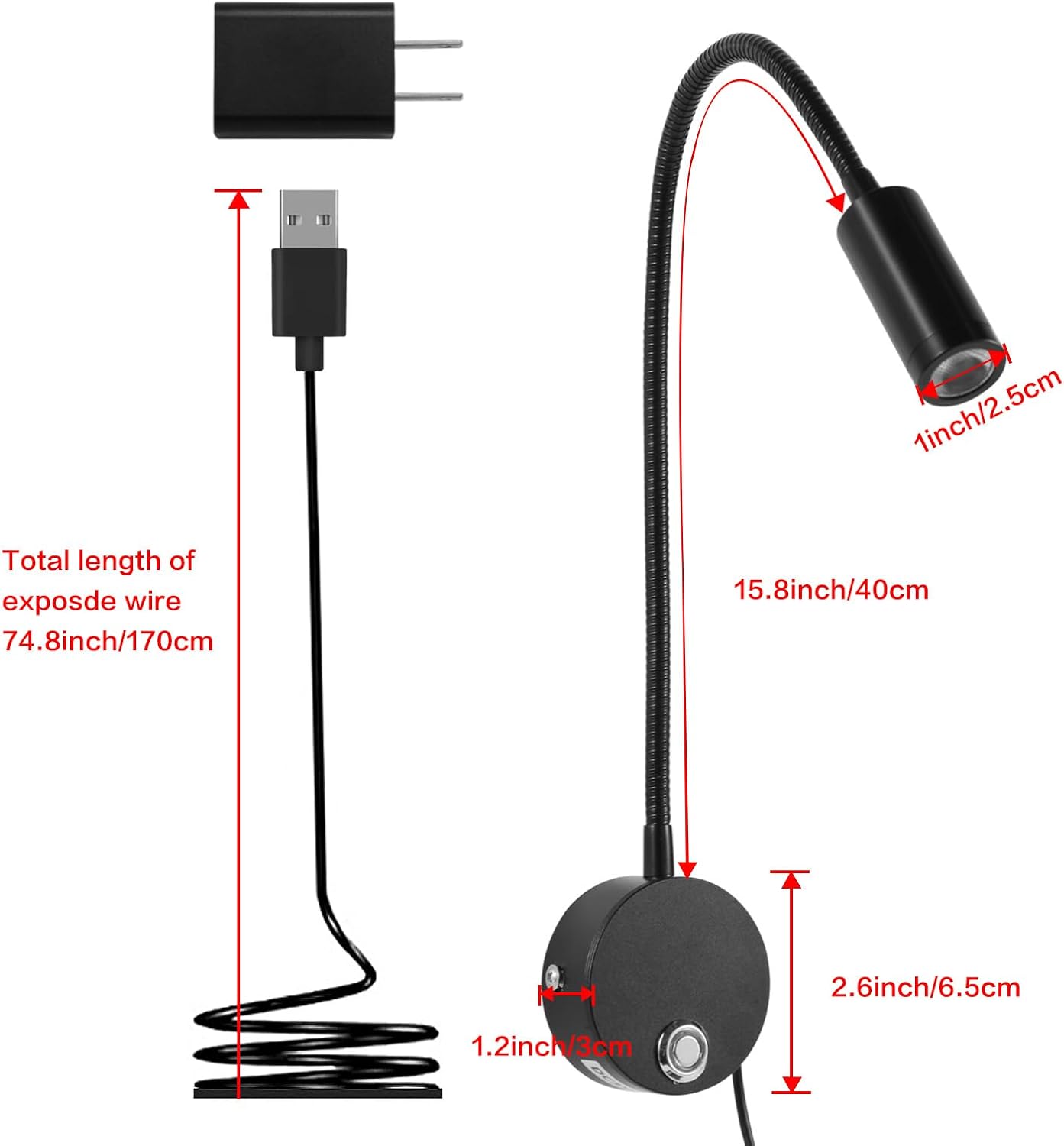 Reading Light for Bed, Wall Mounted Reading Lights with 15" Flexible Gooseneck, Touch Control, 3 Colors Temperature and Stepless Dimmable, Plug in Headboard Book Light(2 Pack)