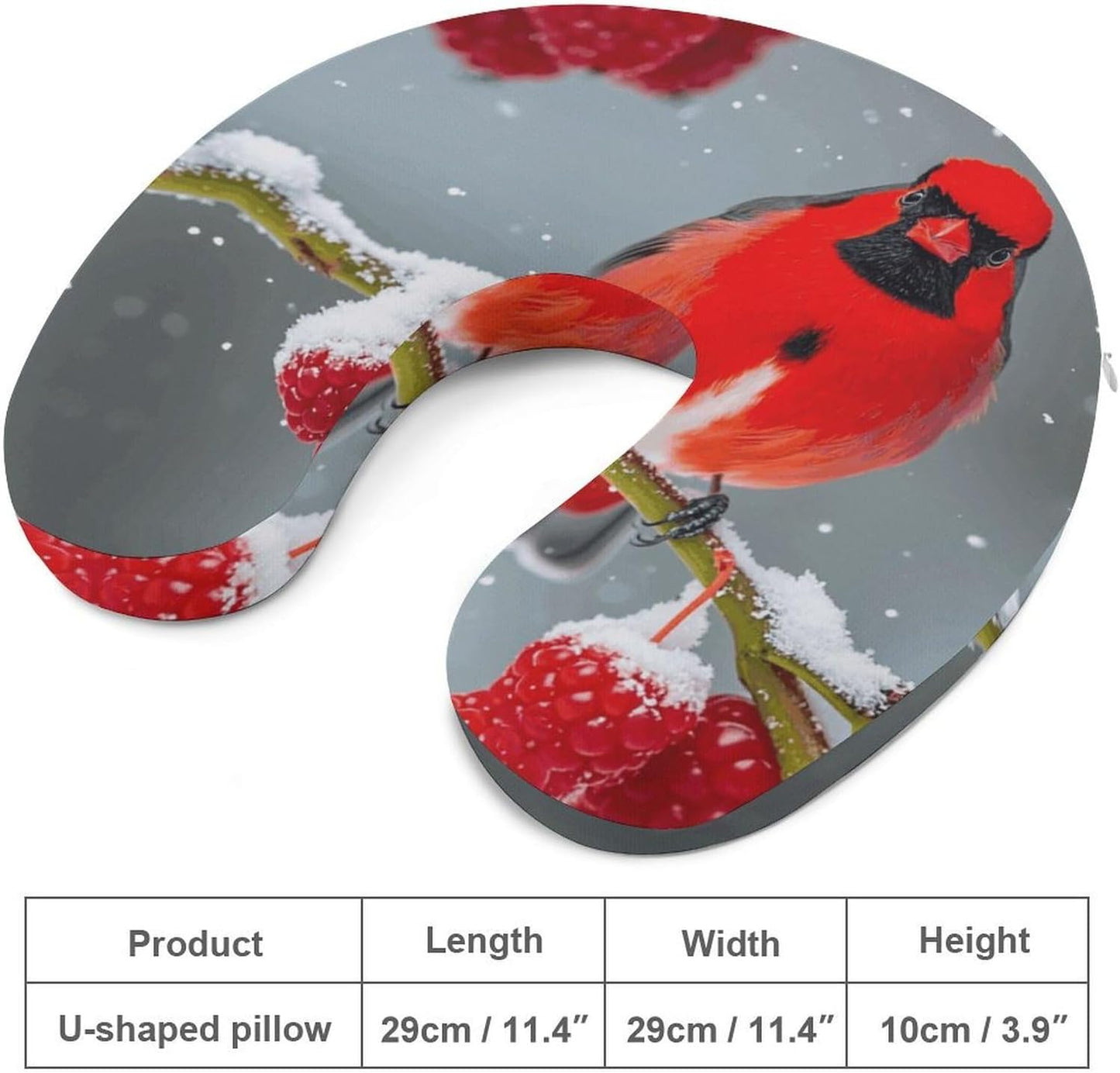 Cardinal Birds, Snow, Cranberries. Neck Pillow Memory Foam U Shaped Pillows Portable Pillows for Shoulder Travel Head Support Pillow with Concealed Zipper for Airplane Car Home Office