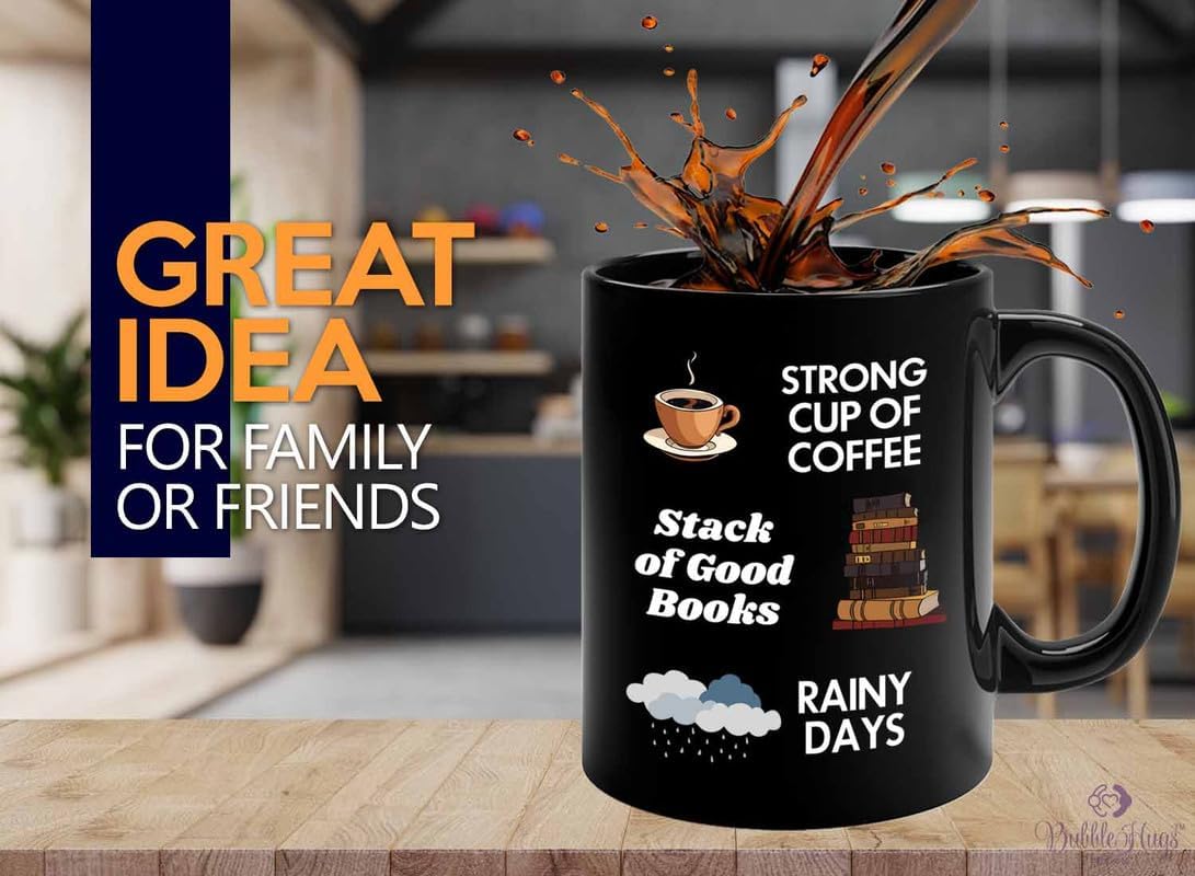 Reading Coffee Mug 11oz Black - Coffee Book Rainy Days - Reader Gift Bookworm Owl Lover Cat Lover Book Lover Novelist Librarian Writer