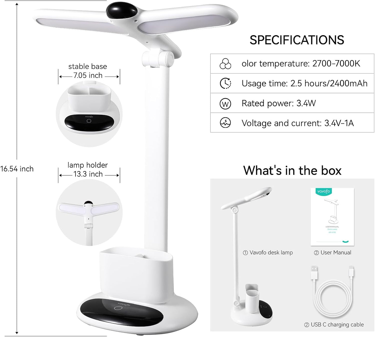 VAVOFO Eye-Caring Wireless Desk Lamp 6785 - Touch Control, 2700-7000K Color Temperature, 700 Lumens, Dual-Head Design, Pen Holder, USB-C Charging, 2400mAh Battery, 2.5hrs Wireless Use (White)