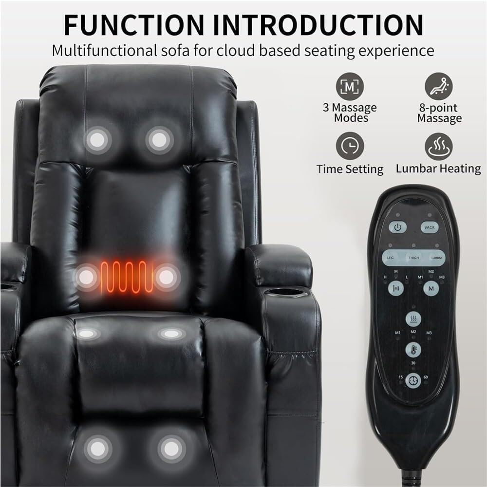 Heavy Duty Power Lift Recliner with Lumbar Massage & Heat Single Motor Electric Leather Recliner Chair for Elderly, Cup Holders, Charging Port, Comfortable Black Upholstered Sofa Seat