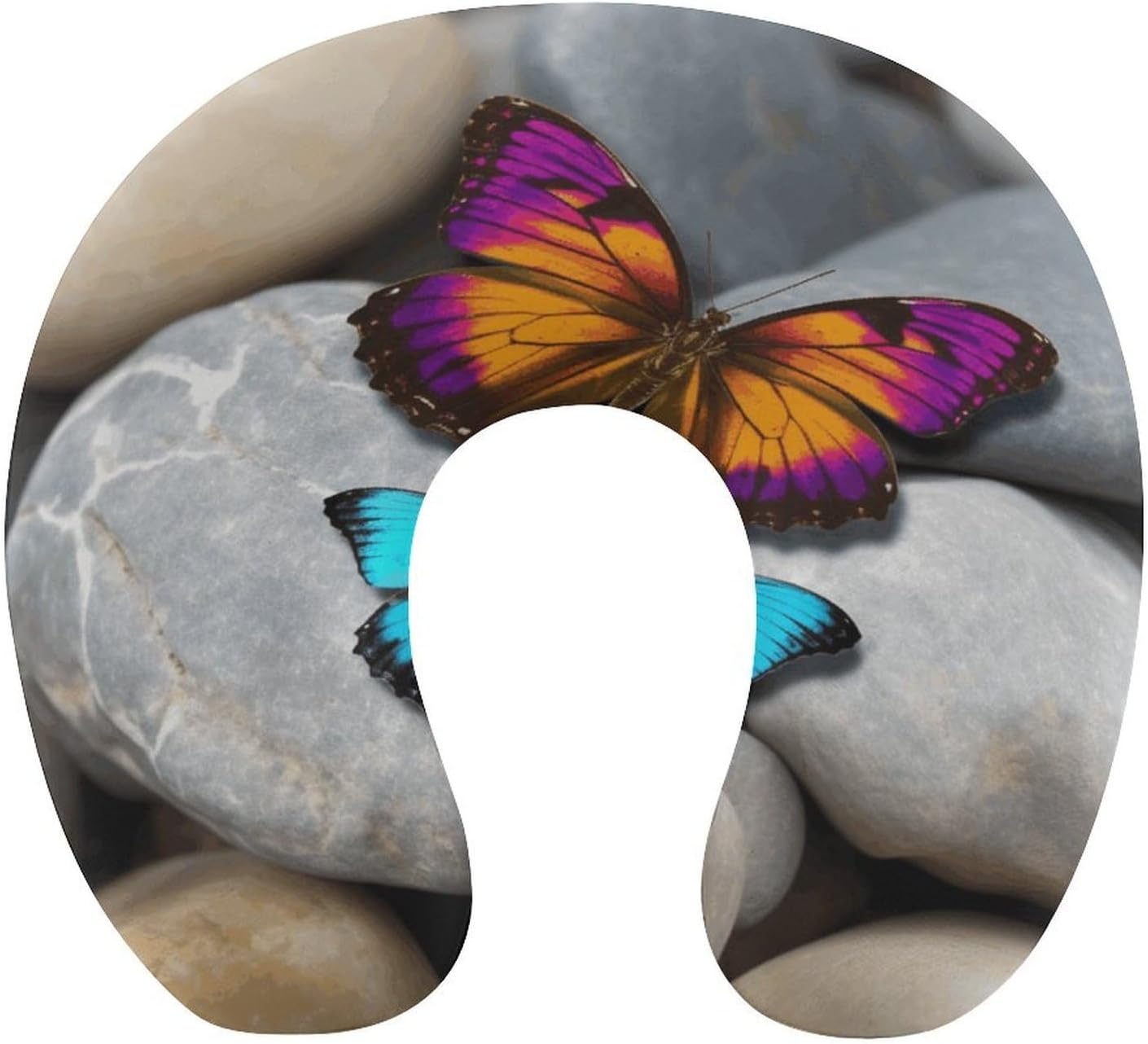 Colorful Butterfly Stone Neck Pillow Memory Foam U Shaped Pillows Portable Pillows for Shoulder Travel Head Support Pillow with Concealed Zipper for Airplane Car Home Office