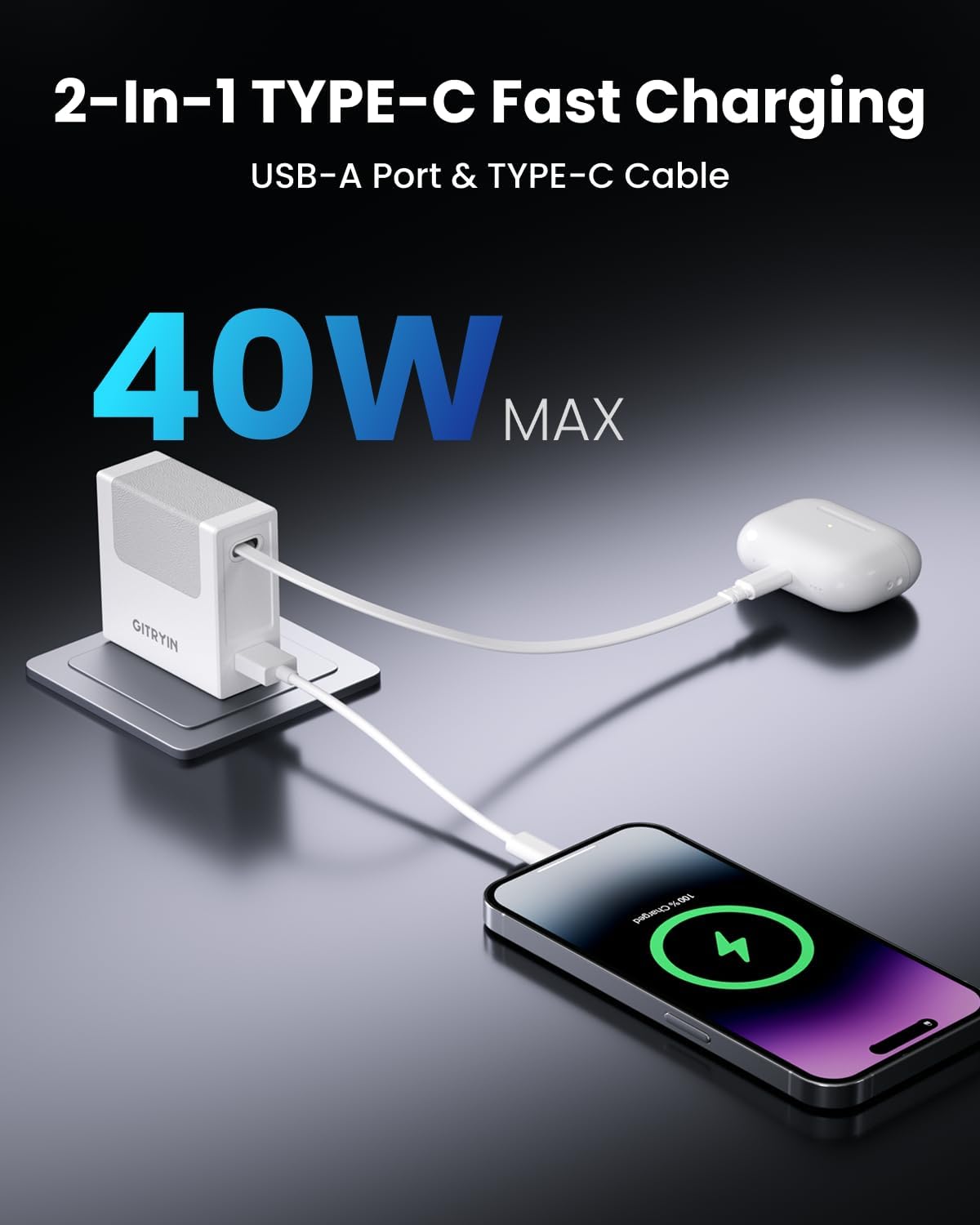 Gitryin Portable Phone Charger Block, Retractable Wall Charger with 33.5in Type-C Cable, 40W PD Fast Charging Block with USB A Port, Power Adapter with Foldable Plug for iPhone 16/15, Galaxy S23 22