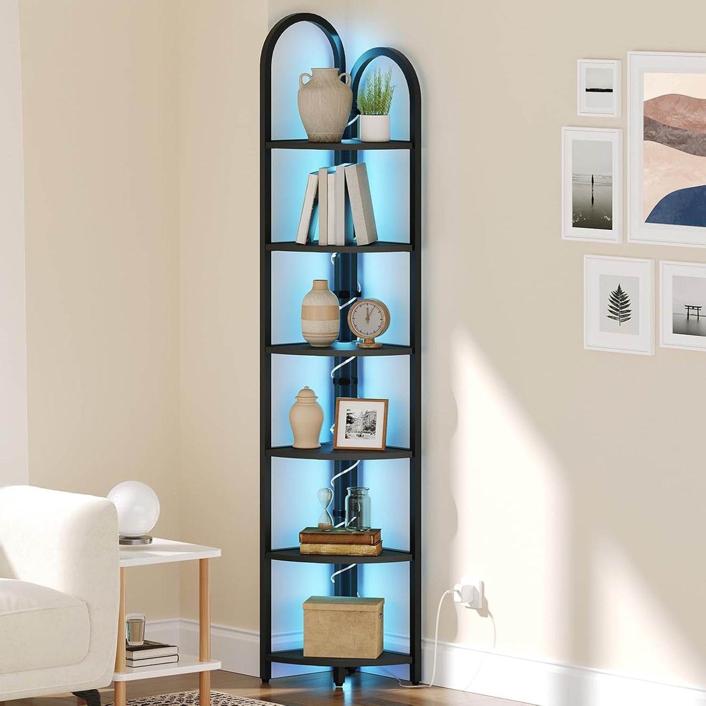 6 Tier Corner Shelf with LED Light, 74.6'' Tall Corner Bookshelf Stand, Narrow Display Bookcase with Storage Rack for Wall Corner, Living Room, Bedroom, Small Spaces, Black CSBK66101