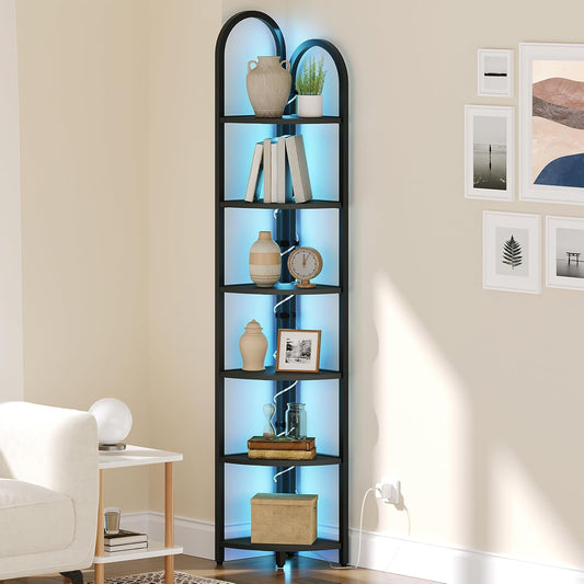 6 Tier Corner Shelf with LED Light, 74.6'' Tall Corner Bookshelf Stand, Narrow Display Bookcase with Storage Rack for Wall Corner, Living Room, Bedroom, Small Spaces, Black CSBK66101