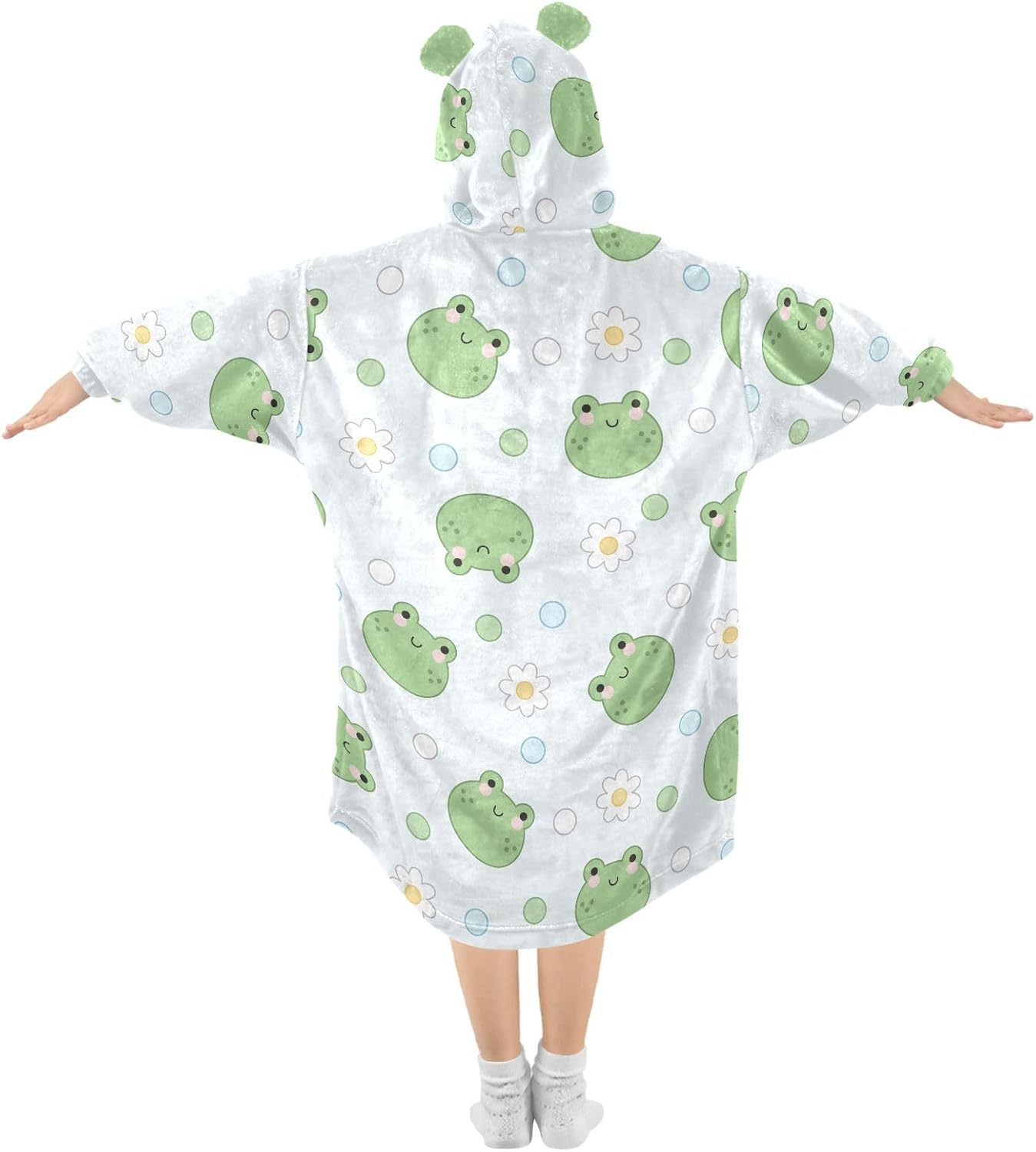Cartoon Frogs Wearable Blanket Hoodie for Kids Oversized Sherpa Hooded Blanket Cozy Warm Gift