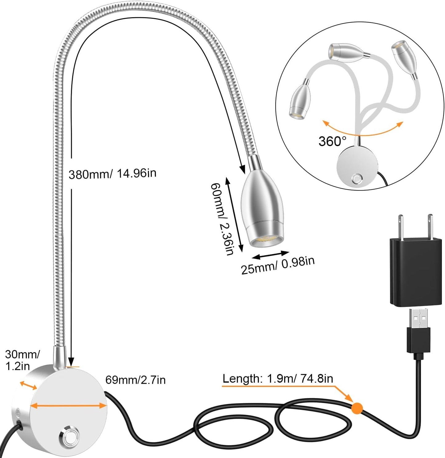 Wall Mounted LED Reading Light with 360° Flexible Gooseneck, Dimmable Bedside Reading Lights for Books In Bed, Plug In Headboard Night Lights, Eye-Caring, 3 Colors Temperature, Touch Control-2 Pack