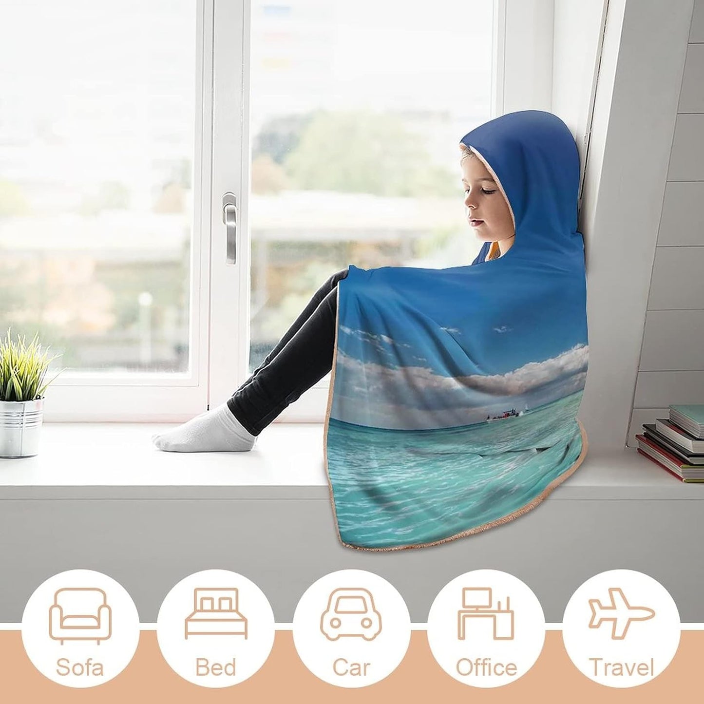 Throw Blankets, Ocean Women Men Hooded Blanket, Landscape of Paradise Tropical Island Beach with Vivid, Soft Warm Cozy, 60 x 80inches, Studying Reading Snuggling Napping Office, Green Blue Cream