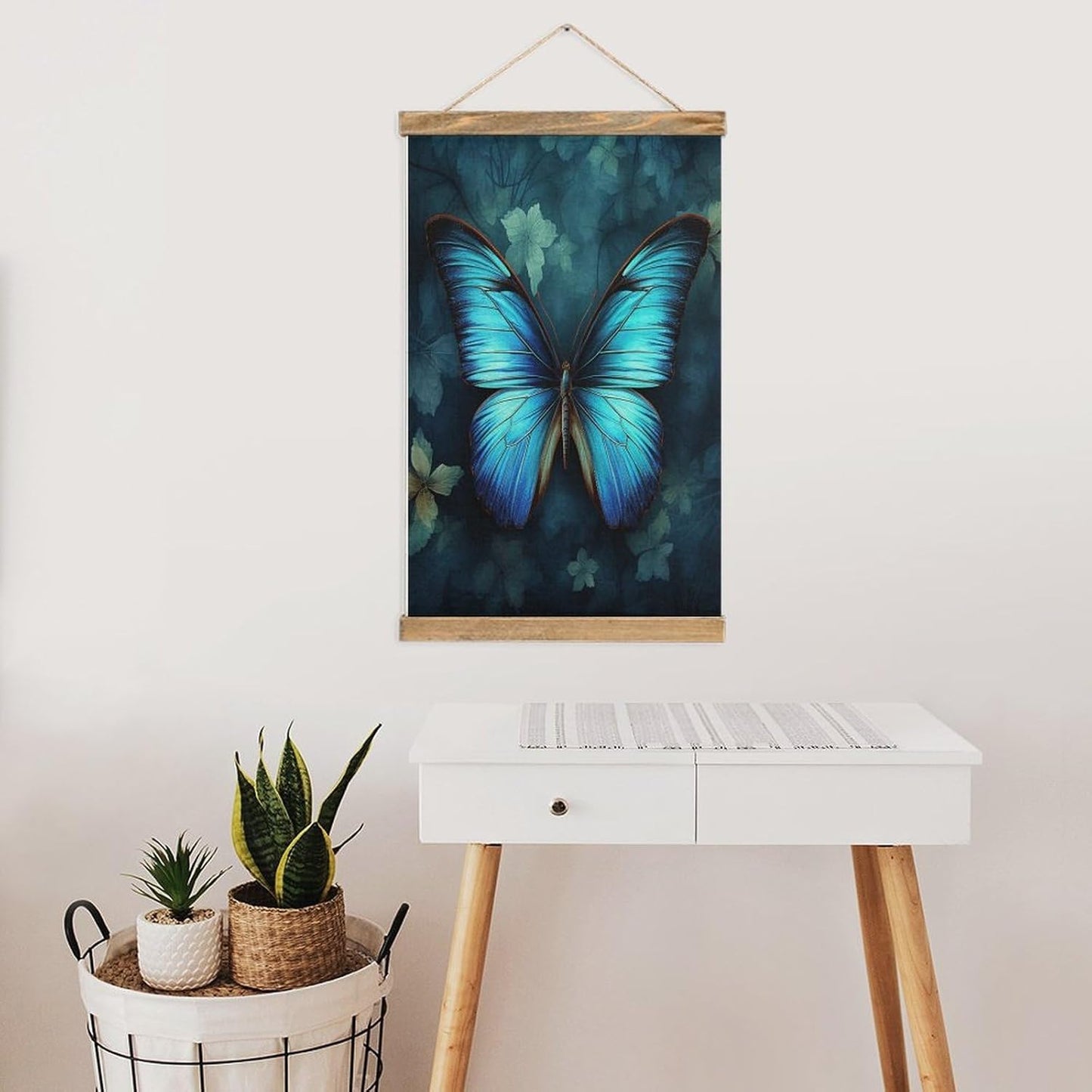 Vintage Blue Butterfly Pattern Poster with Wooden Frame Personalized Linen Hanging Scroll Painting Rustic Wall Hanging Illustrative Modern Artwork Decor for Home Living Room Bedroom Office