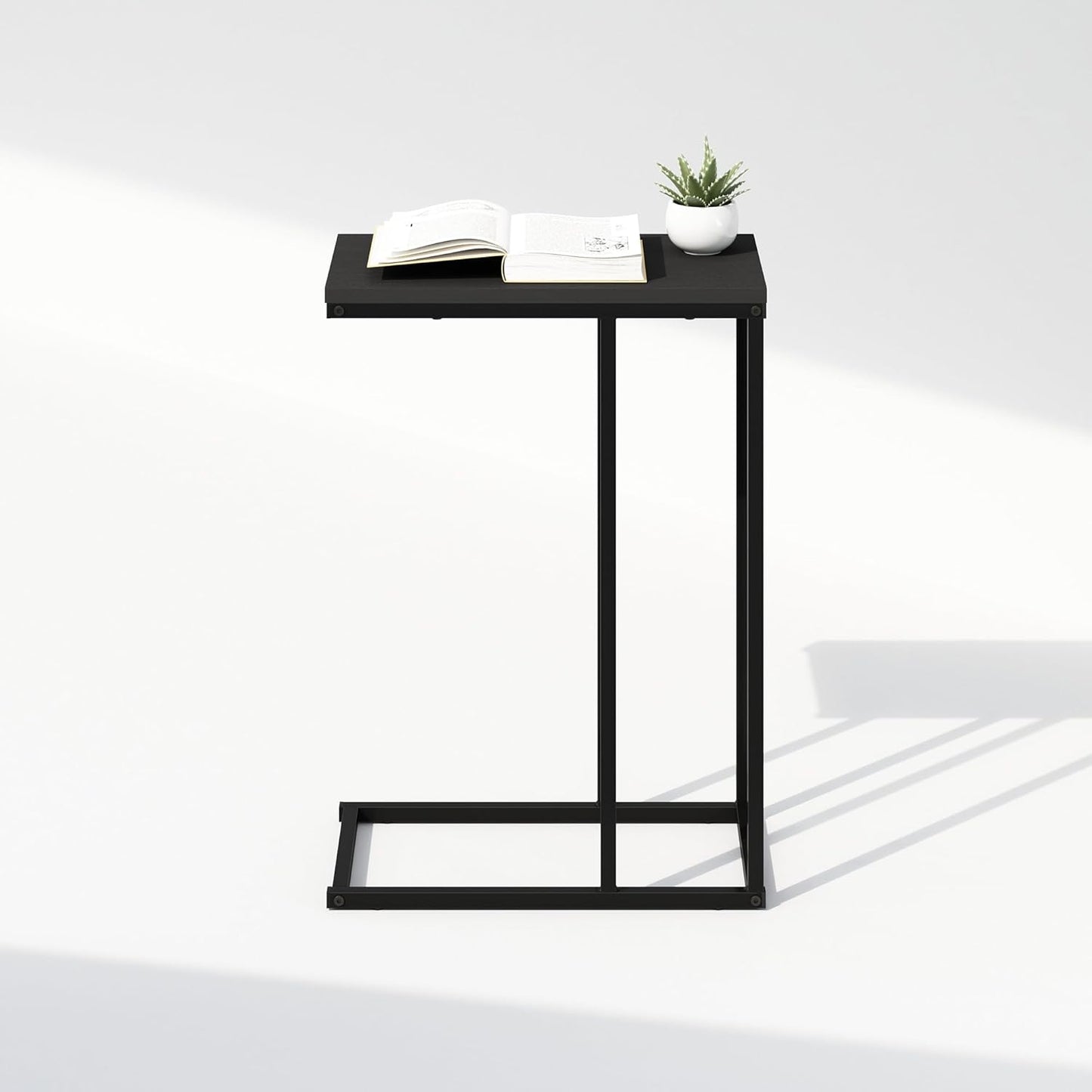 Furinno C-Shaped Side Table, Metal Frame End Table, Night Stand, Bedside Table, for Living Room, Bedroom, Americano