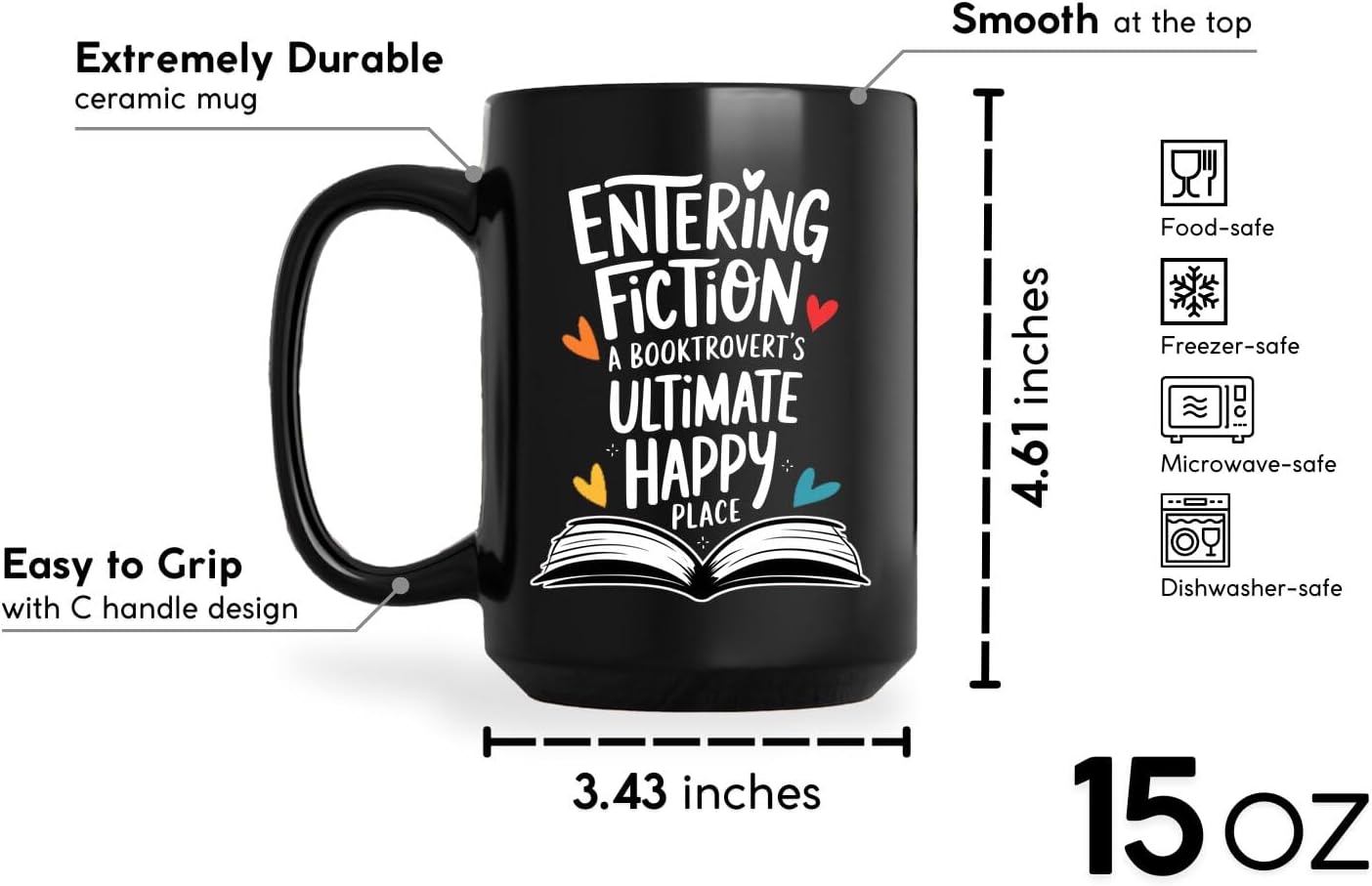 Book Lovers Coffee Mug 15oz Black -Fiction Place - Gift for Book Club Bookworm Bookish Reading Nerdy Avid Readers Women