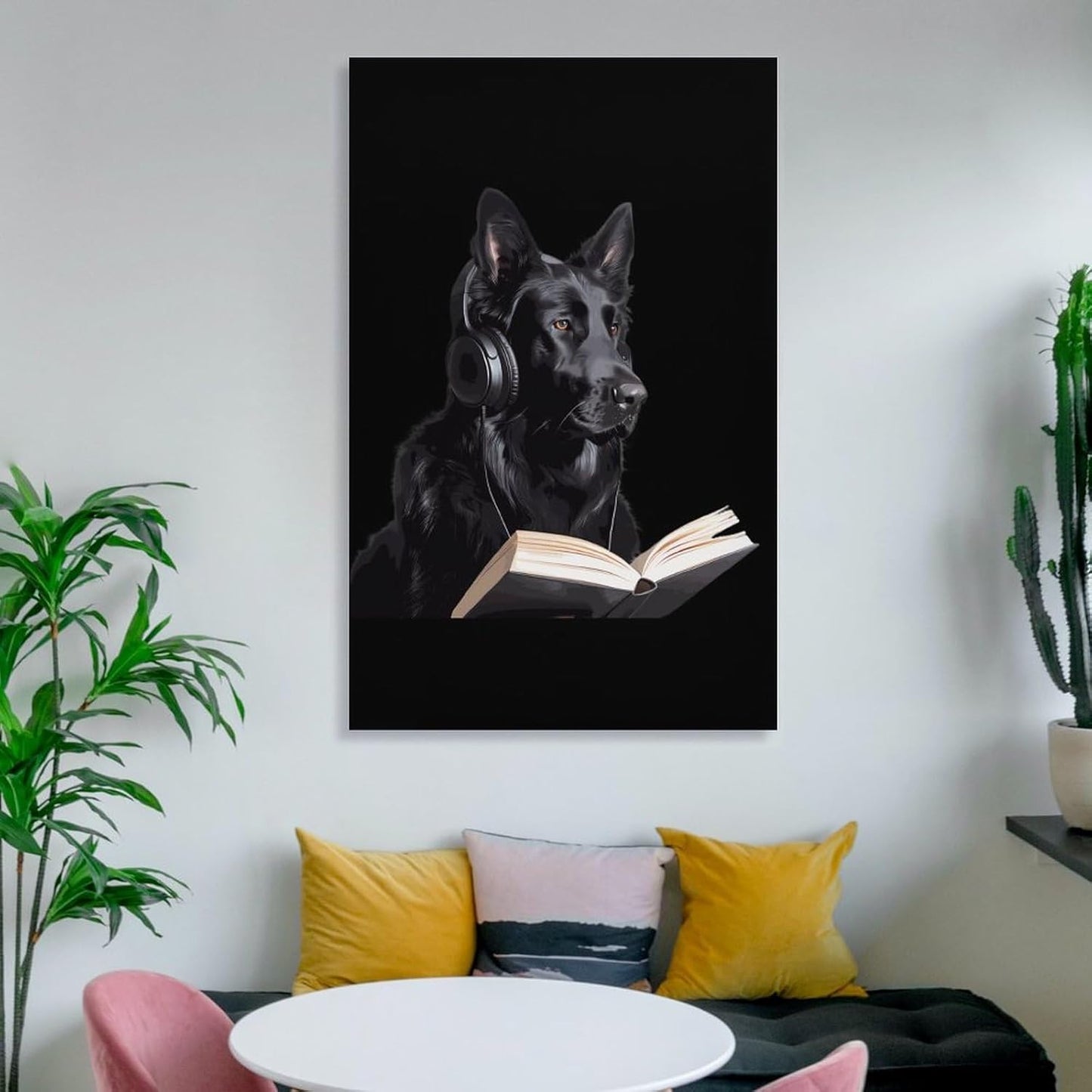 German Shepherd Wearing Headphones Reading Canvas Wall Art Print Artwork Picture Hanging Painting Modern Home Living Room Decor