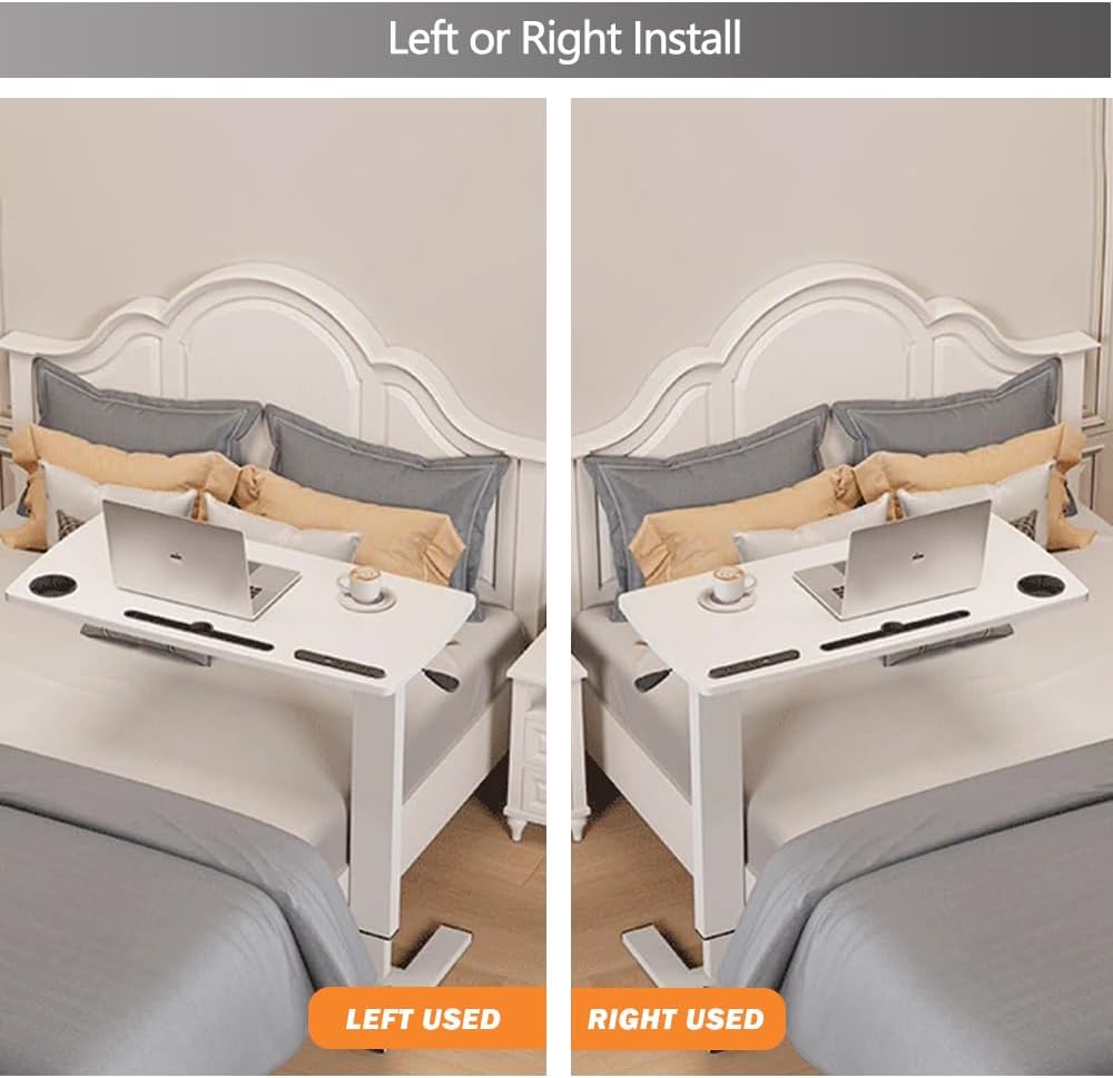 Overbed Table,Hospital Bed Table,Pneumatic Bedside Table Adjustable Over The Bed with Hidden Wheels&USB,Mobile Laptop Cart&Rolling Tray Table Hospital Home Use-White1