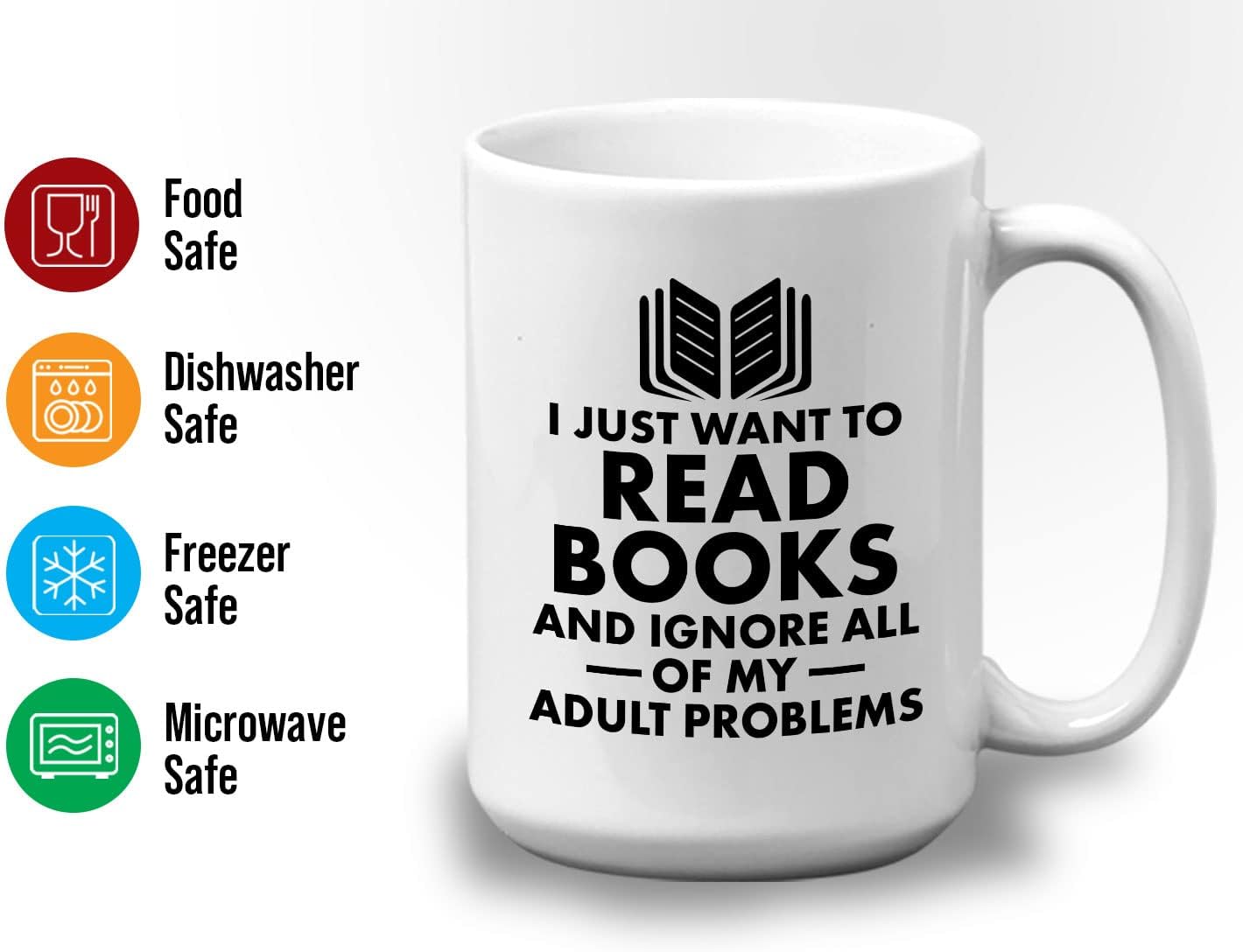 Book Lover Coffee Mug 15oz White - I just want - Literary librarian Literature Bookworm Historian Public Library Curator Bibliophile Bibliolater
