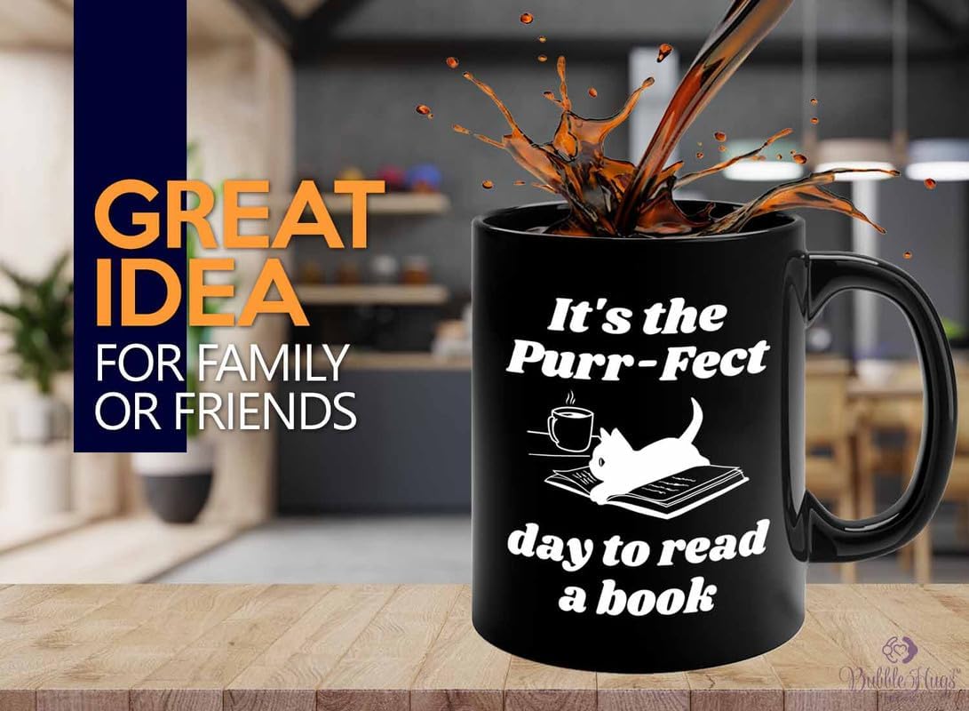 Reading Coffee Mug 11oz Black - Purr-fect Day Read a Book - Reader Gift Bookworm Owl Lover Cat Lover Book Lover Novelist Librarian Writer