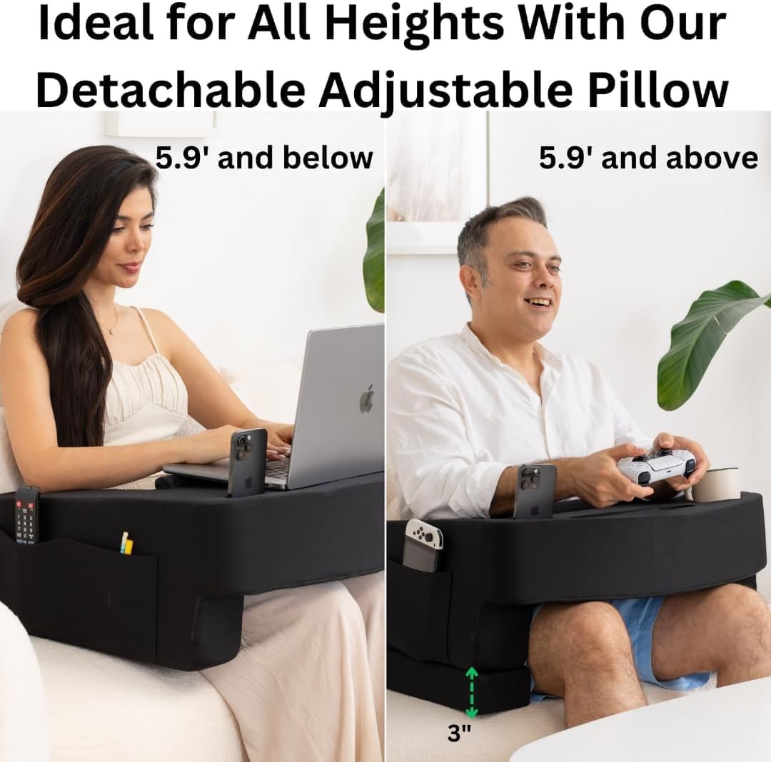 Reading Pillow for Gaming – Extra Large Lap Desk & Arm Rest with Cup & Phone Holder, Adjustable Heights, Laptop Support, Large Pockets – Comfortable for Work, Gaming & Crocheting (Black)