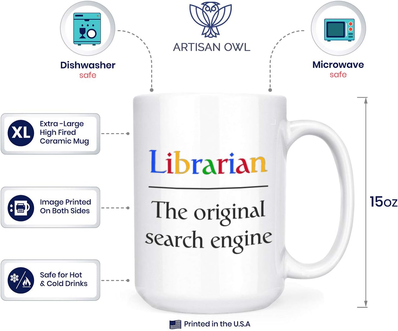Artisan Owl 15oz Librarian Mug “The Original Search Engine” – Hilarious Double-Sided Coffee Cup for Proud Book Nerds & Library Legends