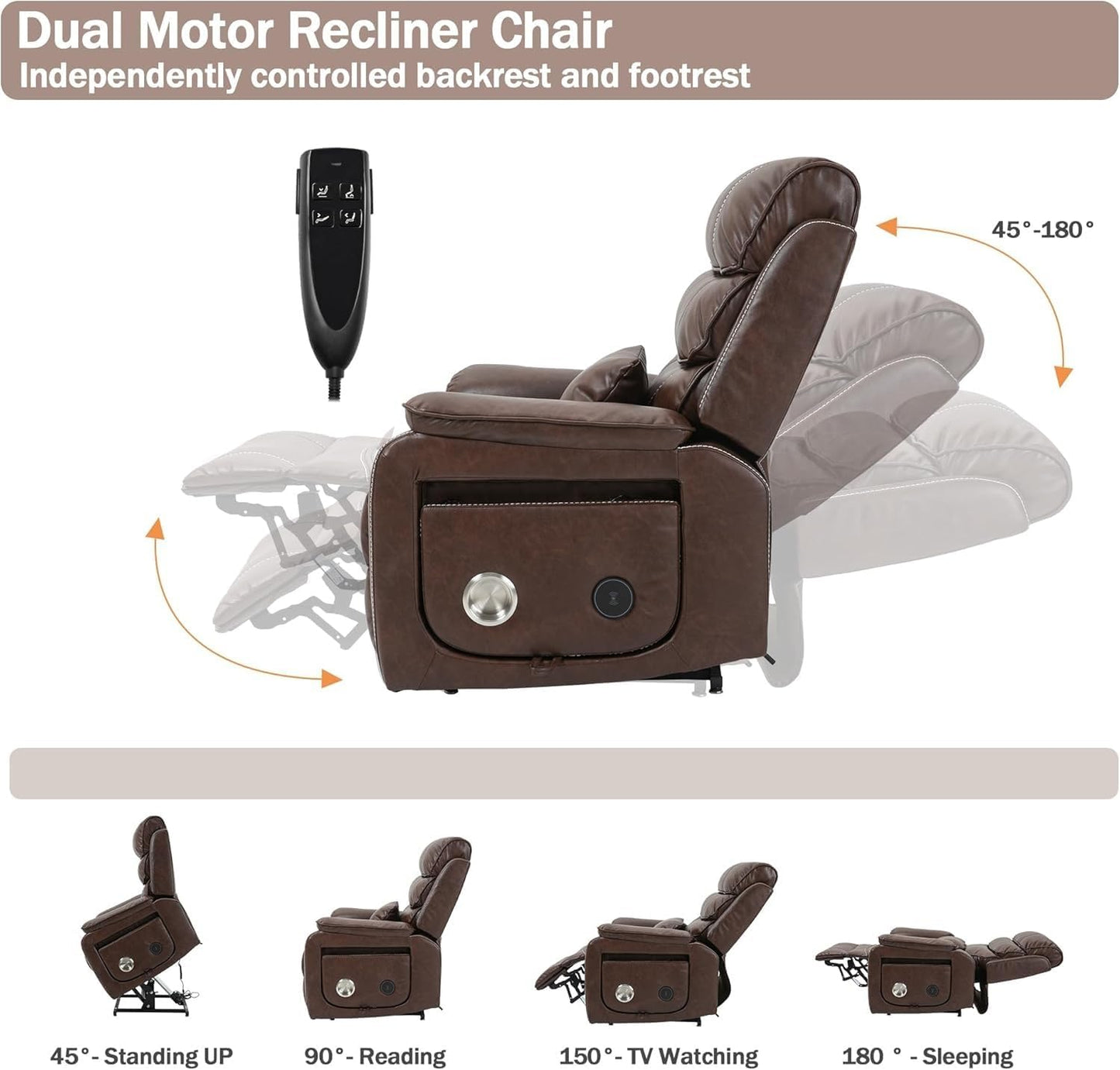 Large Comfortable Power Lift Recliner Chair with Lay Flat Function, Dark Brown Leather Recliner with Massage and Heat, Extended Footrest, Lumbar Pillow, Cup Holder