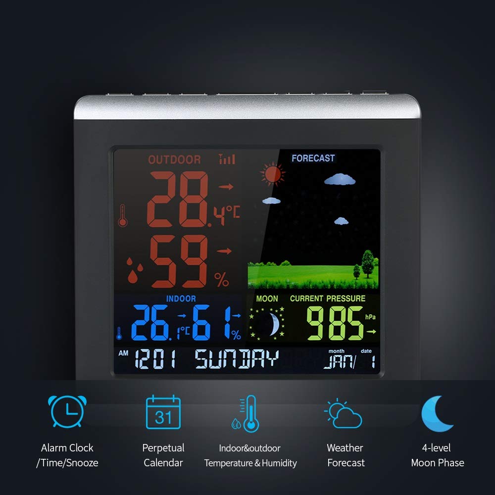 Digital Thermometer Hygrometer Weather Station，Color LCD Forecast Clock