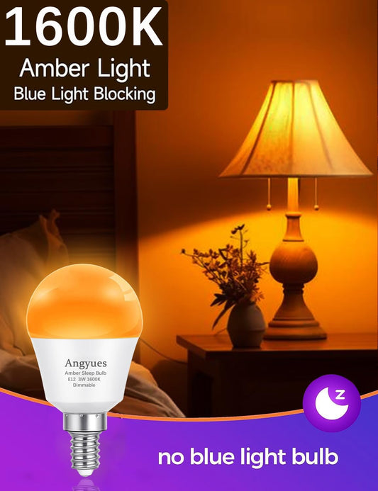 E12 Small Candelabra Base Amber Sleep Light Bulb Dimmable，1600K Blue Light Blocking, A15 Warm Night Light Bulbs 25W 40W Equivalent, 3W 300LM Dim Lamp Bulbs for Healthy Sleep, Bedroom 6Pack