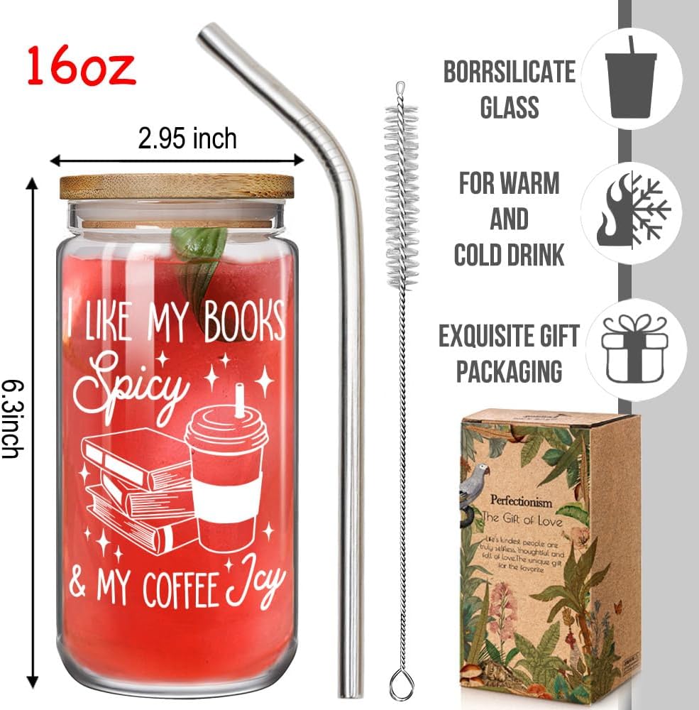 Cute Spicy Readers Book Lovers 16oz Coffee Glass Cups with Lids and Straws Gifts for Books Lovers Women Acotar Readers Bookworm, I Like My Books Spicy & My Coffee Icy Bookish Book Mugs Acotar Gift
