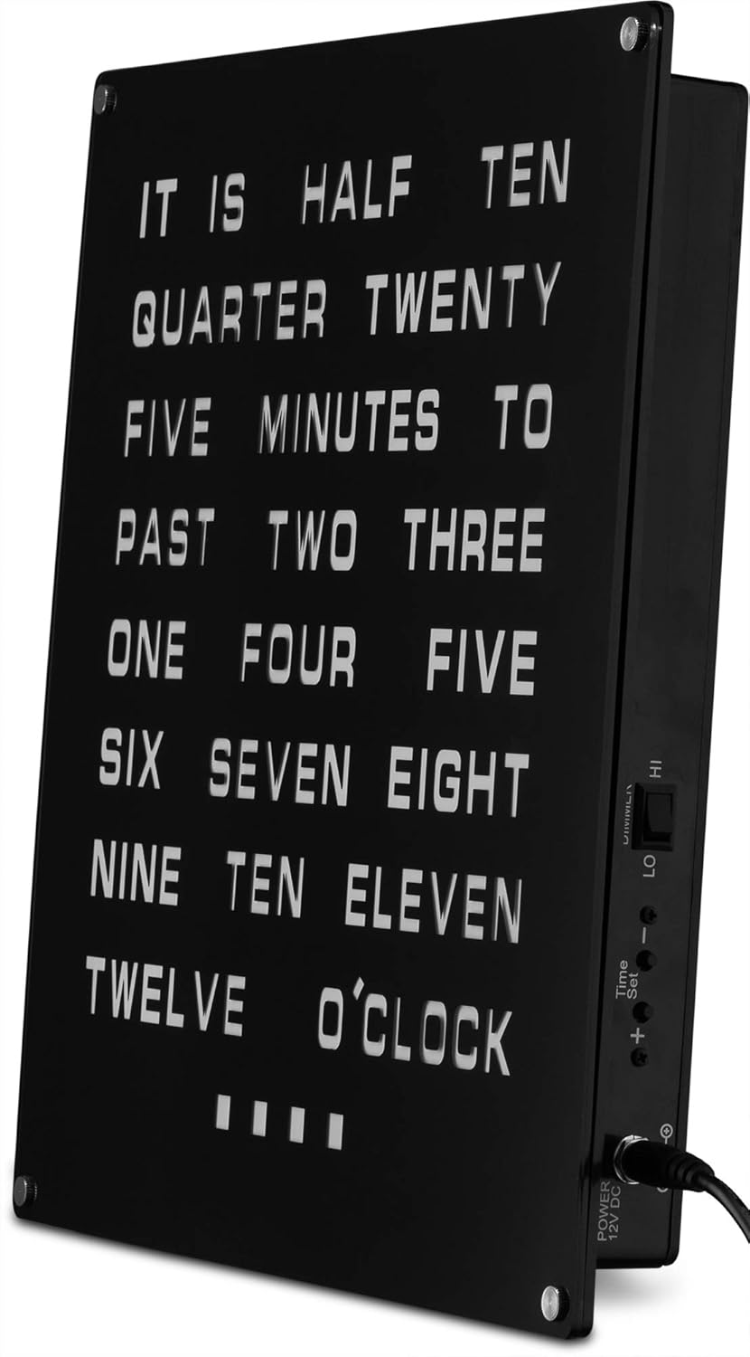 Tech Tools LED Word Clock - Displays Time as Text - Powered by AC Adapter (12" x 12")