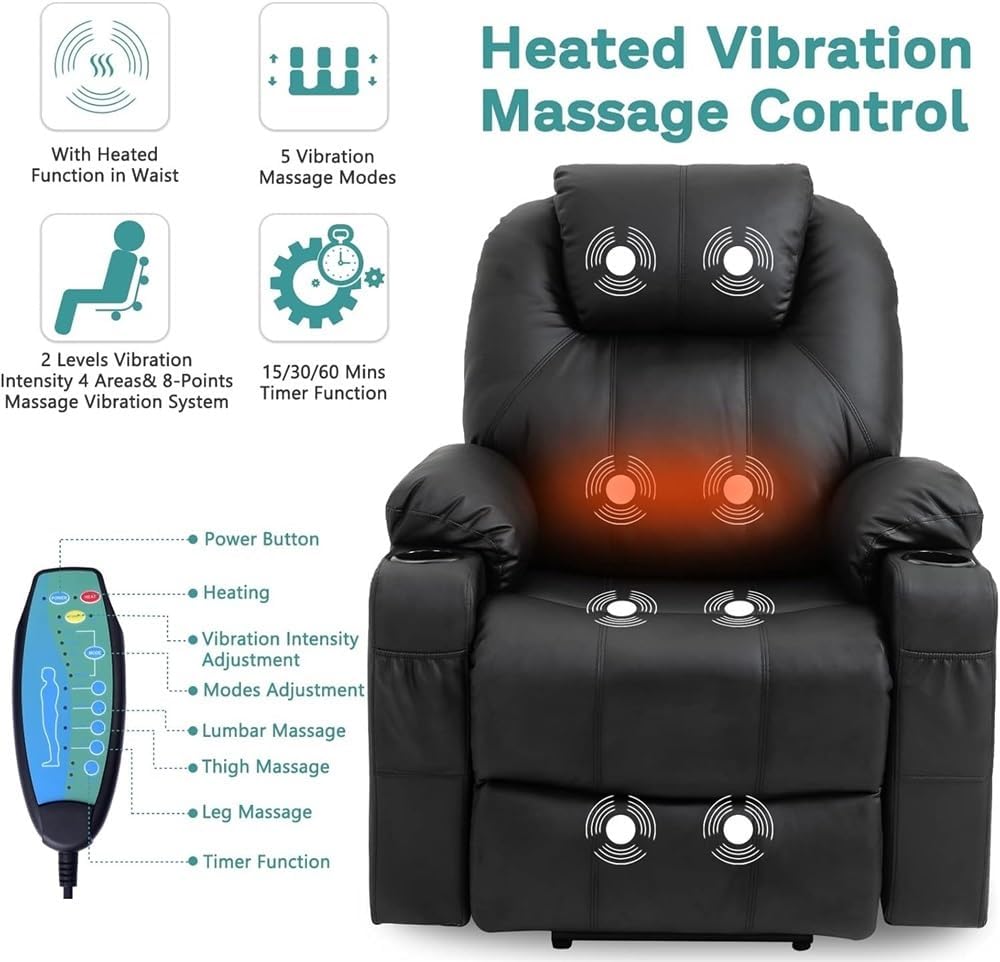 Power Lift Recliner Chair for Elderly, PU Leather Electric Massage Chair with Heat, Ergonomic Lift Chair with 2 Cup Holders & Side Pockets, Motorized Home Theater Seating