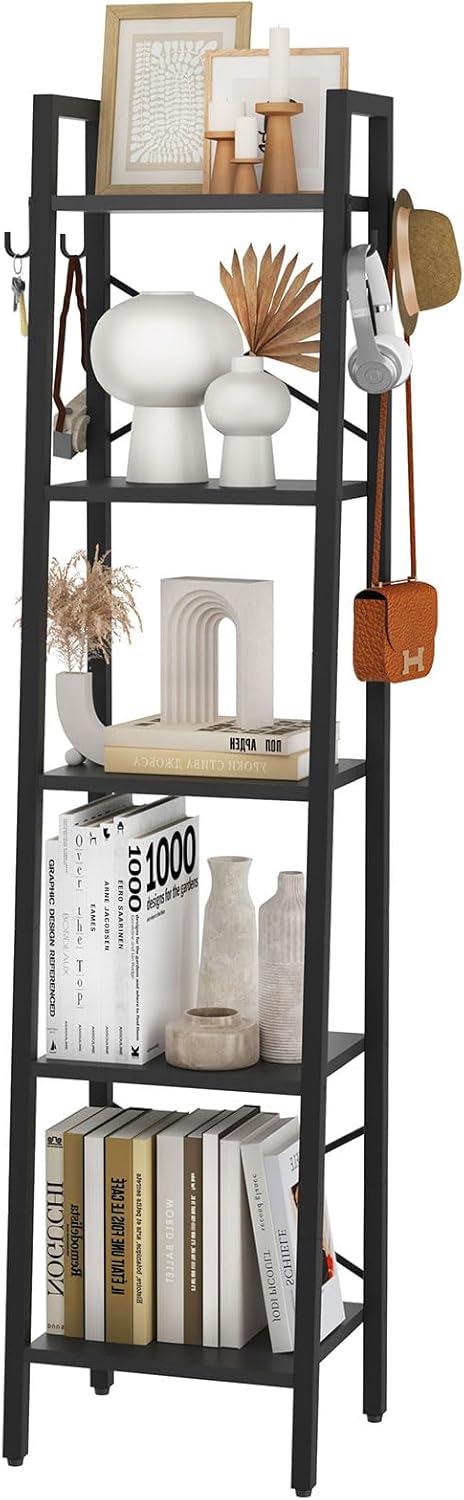 YMYNY 5 Tiers Ladder Bookcase, Industrial Narrow Bookshelf, Open Display Rack with 4 S Hooks, Metal Storage Shelves for Bedroom, Home Office, Living Room, Black, 63H*13.4L*11.8W, UHBC025B