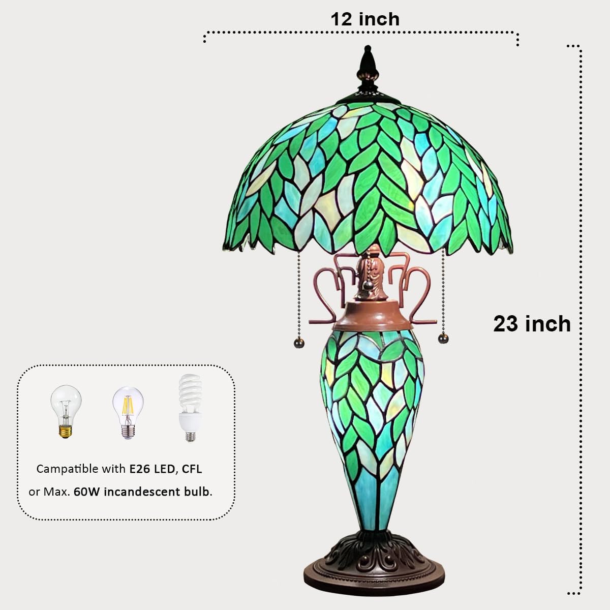 Tiffany Table lamp with nightlight, Green Wisteria Stained Glass Desk Light - Antique 3-Lights Medium Nightstand Bedside Reading Light for Living Room Bedroom Office