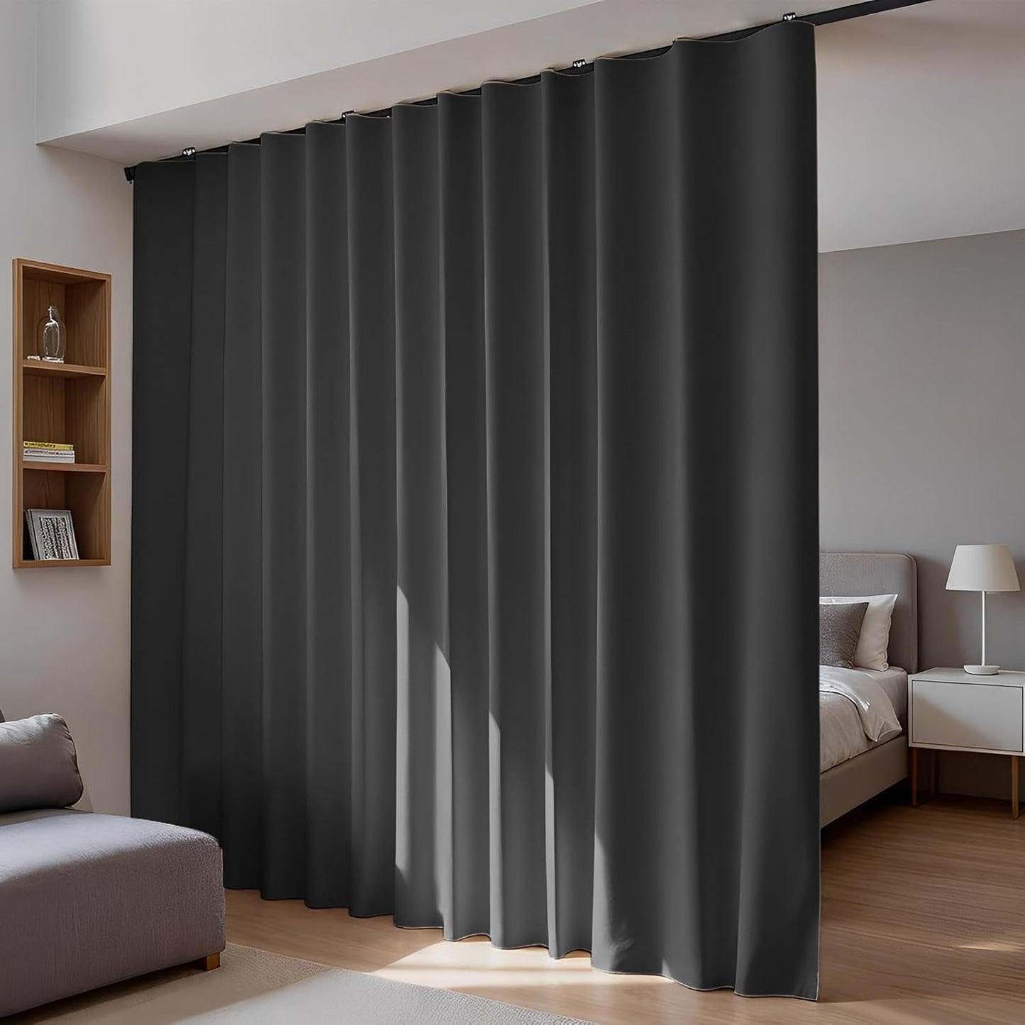 Room Divider Blackout Curtains Flexible Sliding Tracks Sets Ceiling Mounted Rod Window Curtain Privacy Separation for Bedroom Living Rooms,1 Panel Black Drape and Black Track Set-W108xH84 in