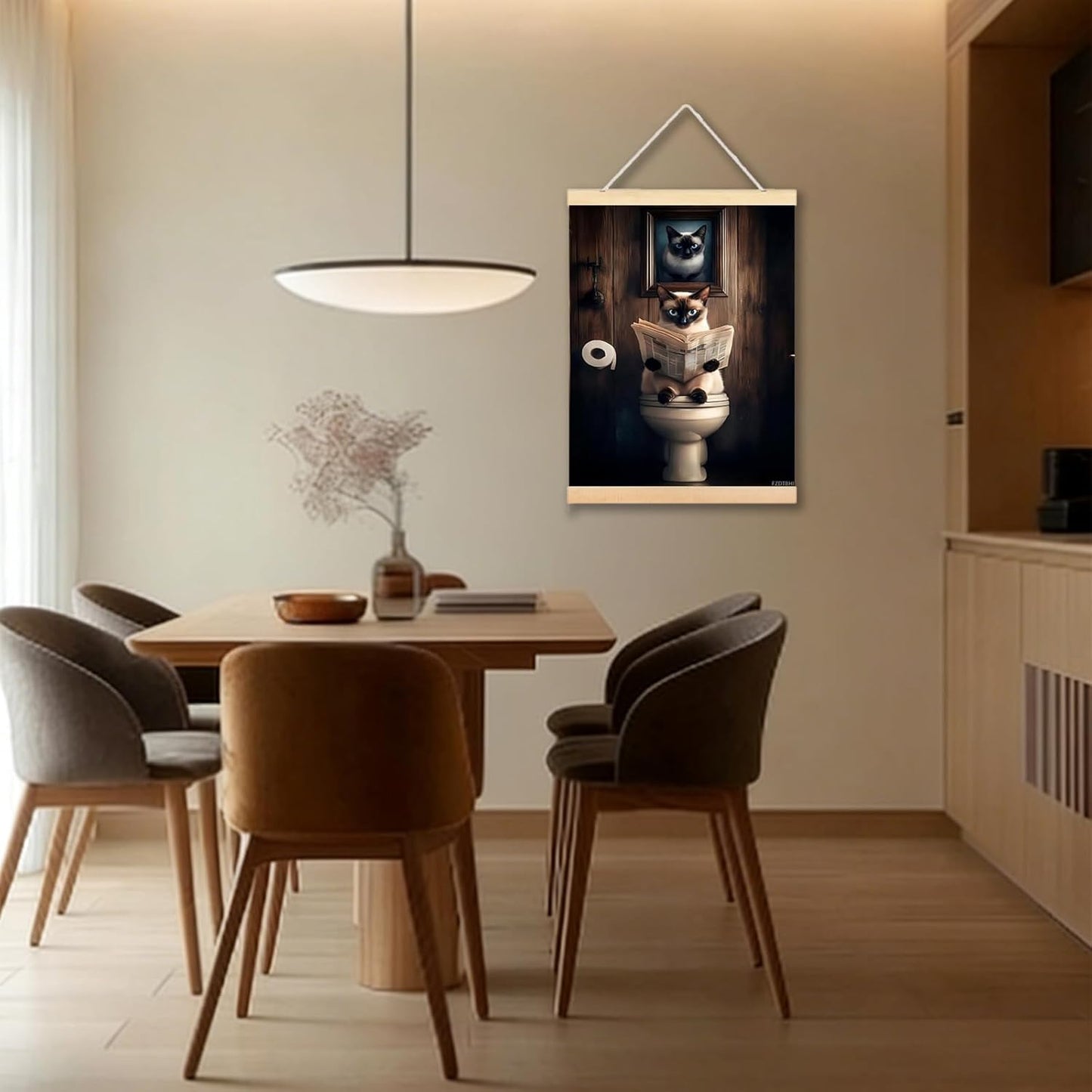 FZDTBHI Funny Bathroom Canvas Wall Art Prints Cute Siamese Cat Reading Newspaper on The Toilet Picture Animals Aesthetic Posters Trendy Painting for Living Room Bathroom Decor 12x16inch Framed