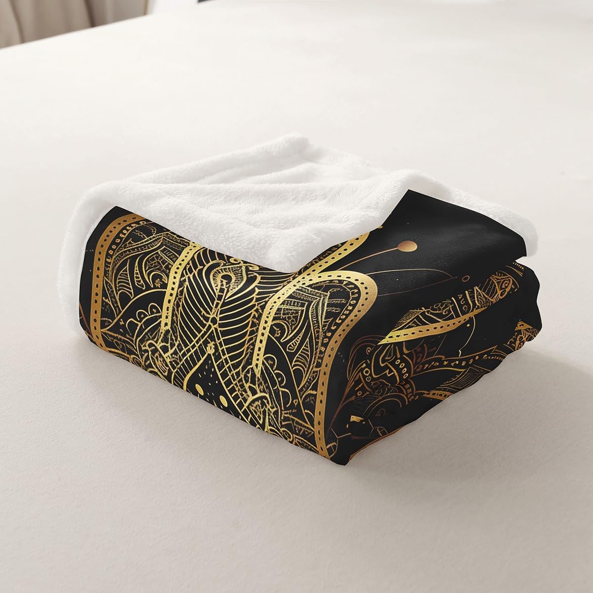 Gold Hamsa Hand Throw Blanket Black Gold Mandala Fleece Blanket Boho Bed Blanket for Kids Teens Boys Girls Room Decor, Lucky Hand of Fatima Flannel Blanket, Twin Size (60 x 80 Inches)