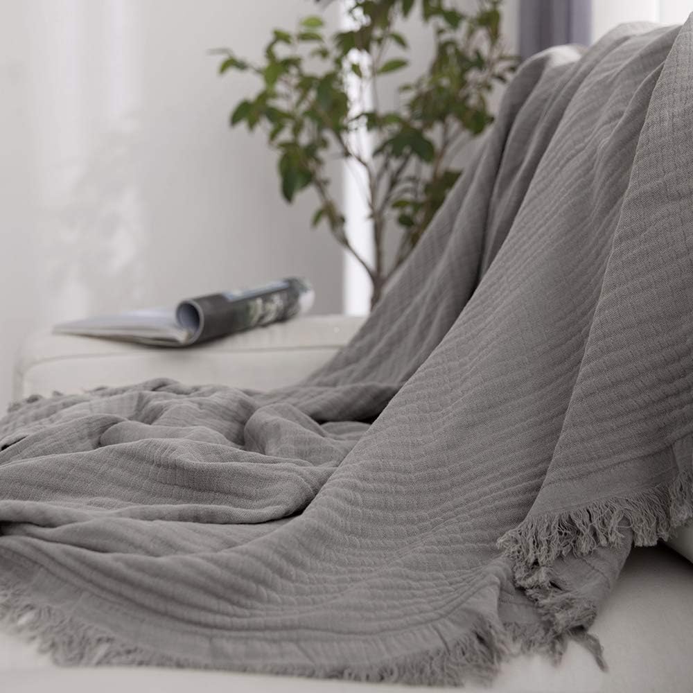 Simple&Opulence Cotton Muslin Throw Blanket for Bed, Couch, Knit Woven Gauze Blanket with Tassels, Soft Lightweight Cozy Pre-Washed Breathable Farmhouse Decoration for All-Season (Grey)